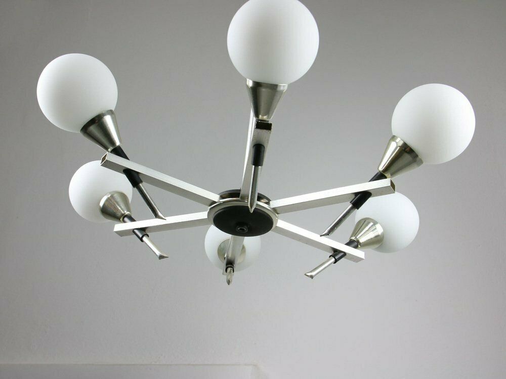 Lighting Space Age Italian Chandelier In Aluminum And Opaline Glass photo