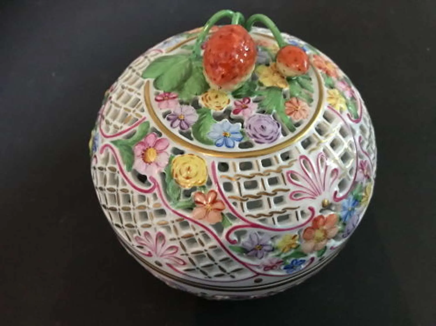 Herend Porcelain Reticulated Potpourri Open Work Lattice Covered Bowl With Strawberry Finial