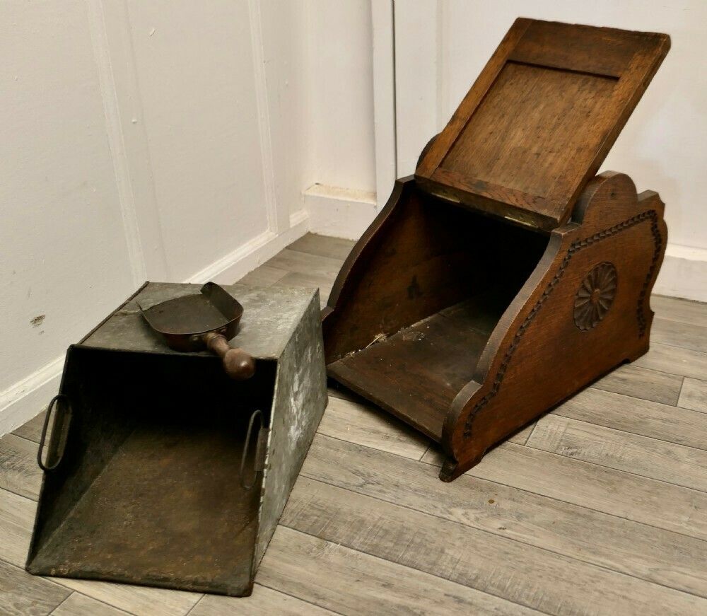 A Carved Arts And Crafts Oak Coal Box With Liner And Shovel photo 594.0