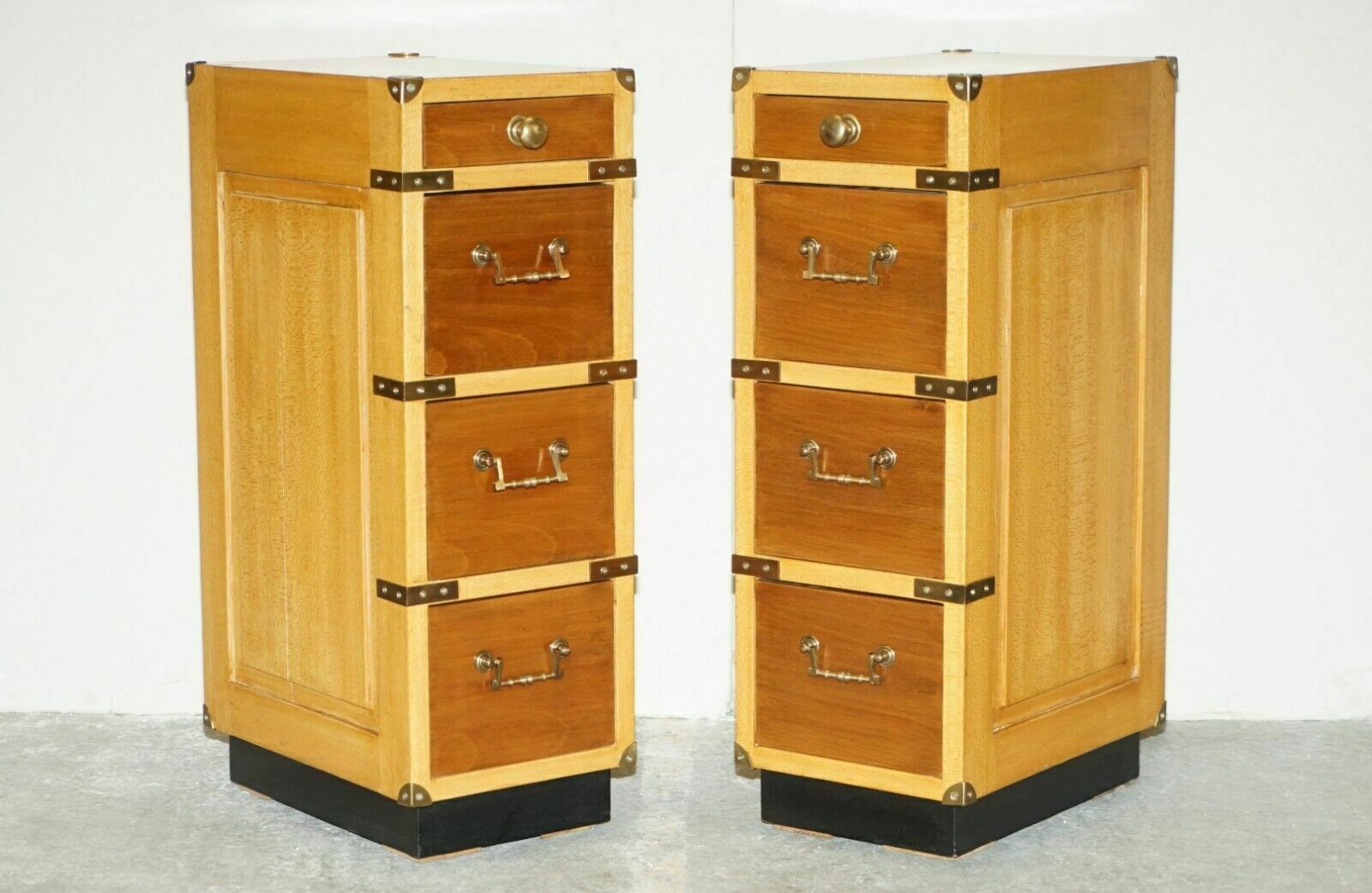 Pair Of Tall Slim Vintage Military Campaign Side End Lamp Wine Table Drawers