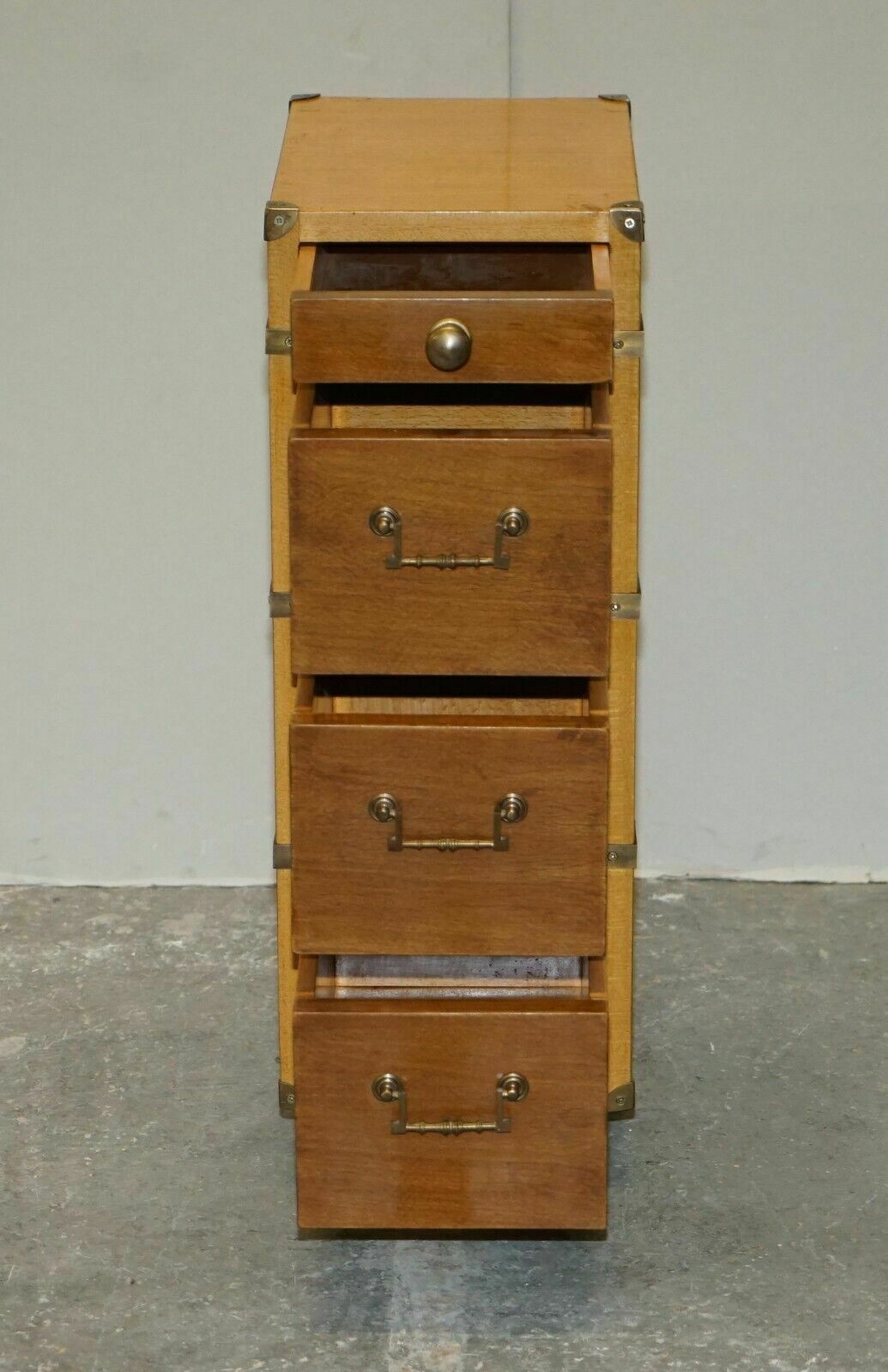 photo vinterior Pair Of Tall Slim Vintage Military Campaign Side End Lamp Wine Table Drawers