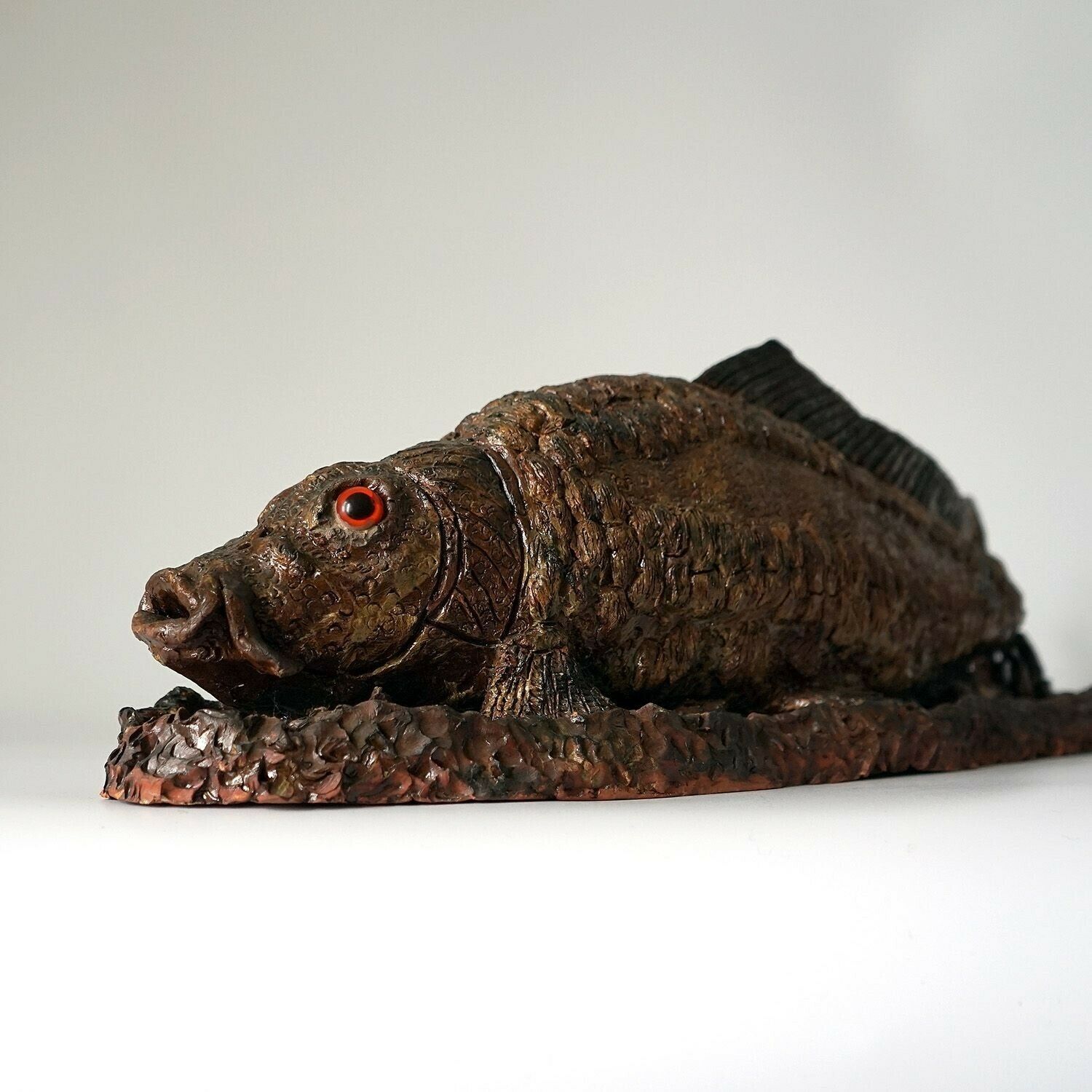 photo for sale Large Antique Glazed Studio Pottery Ceramic Fish Sculpture, C. 1900 Terracotta Figure