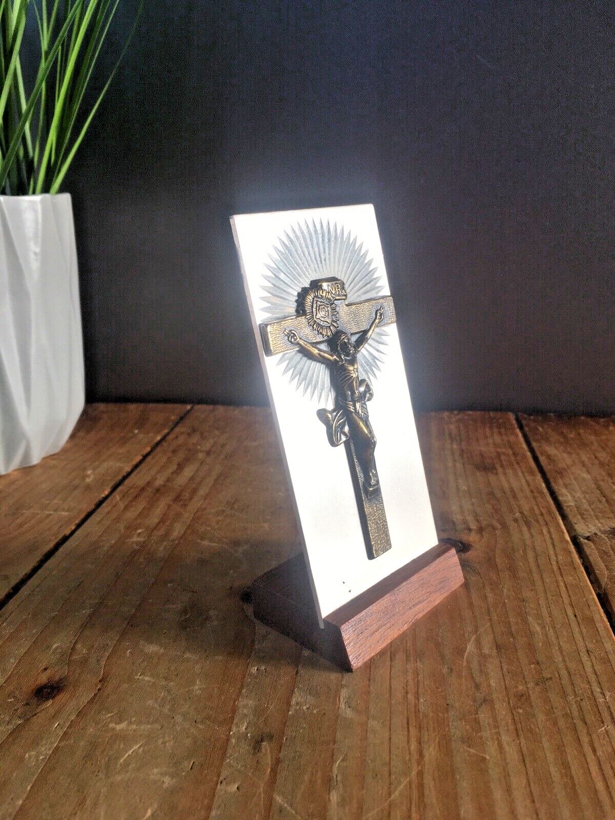 Mid Century Aluminium Teak Icon Desk Item Crucifix Church Cross Jesus Inri Inrj photo vinterior