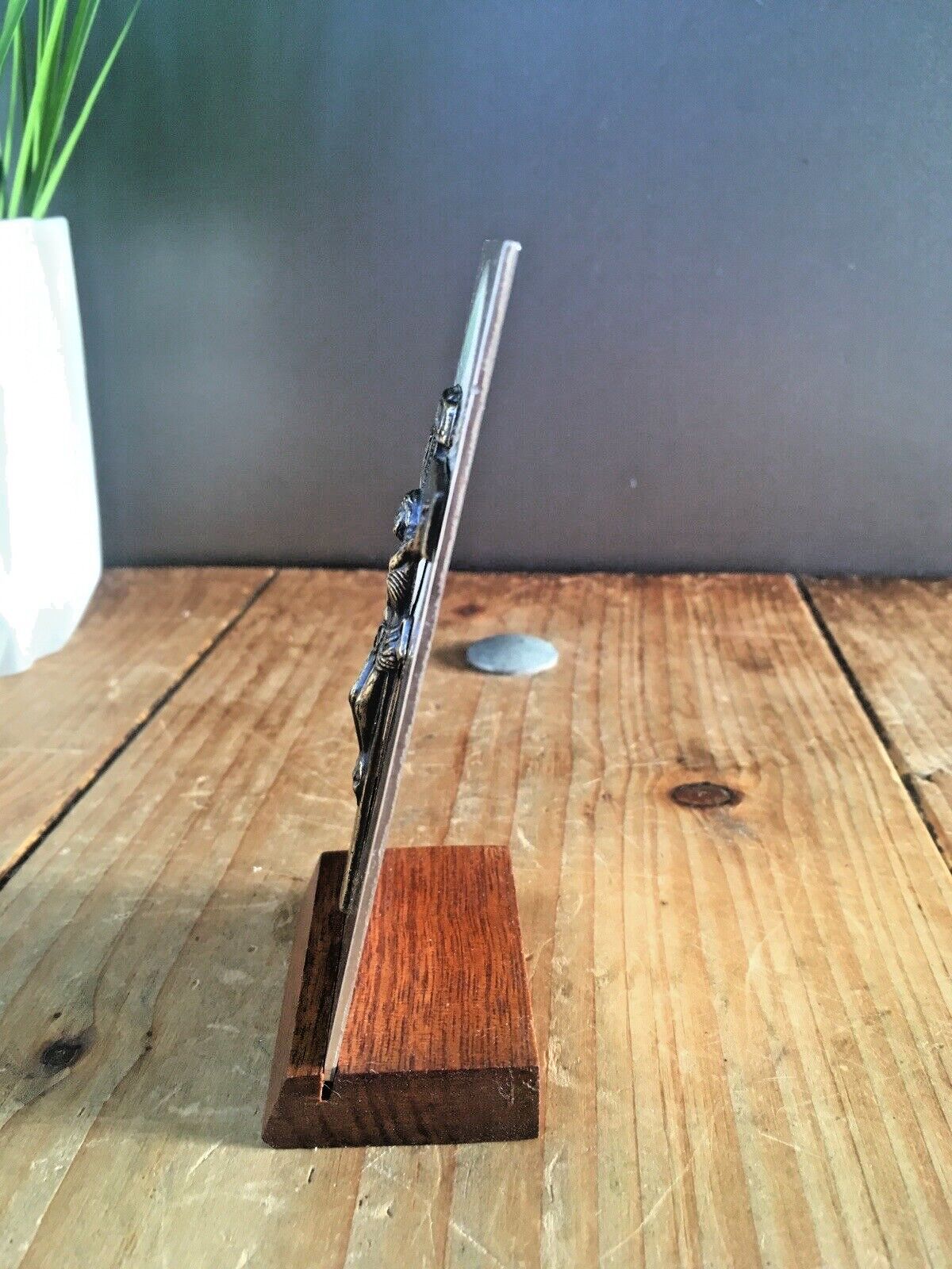 Mid Century Aluminium Teak Icon Desk Item Crucifix Church Cross Jesus Inri Inrj photo buy