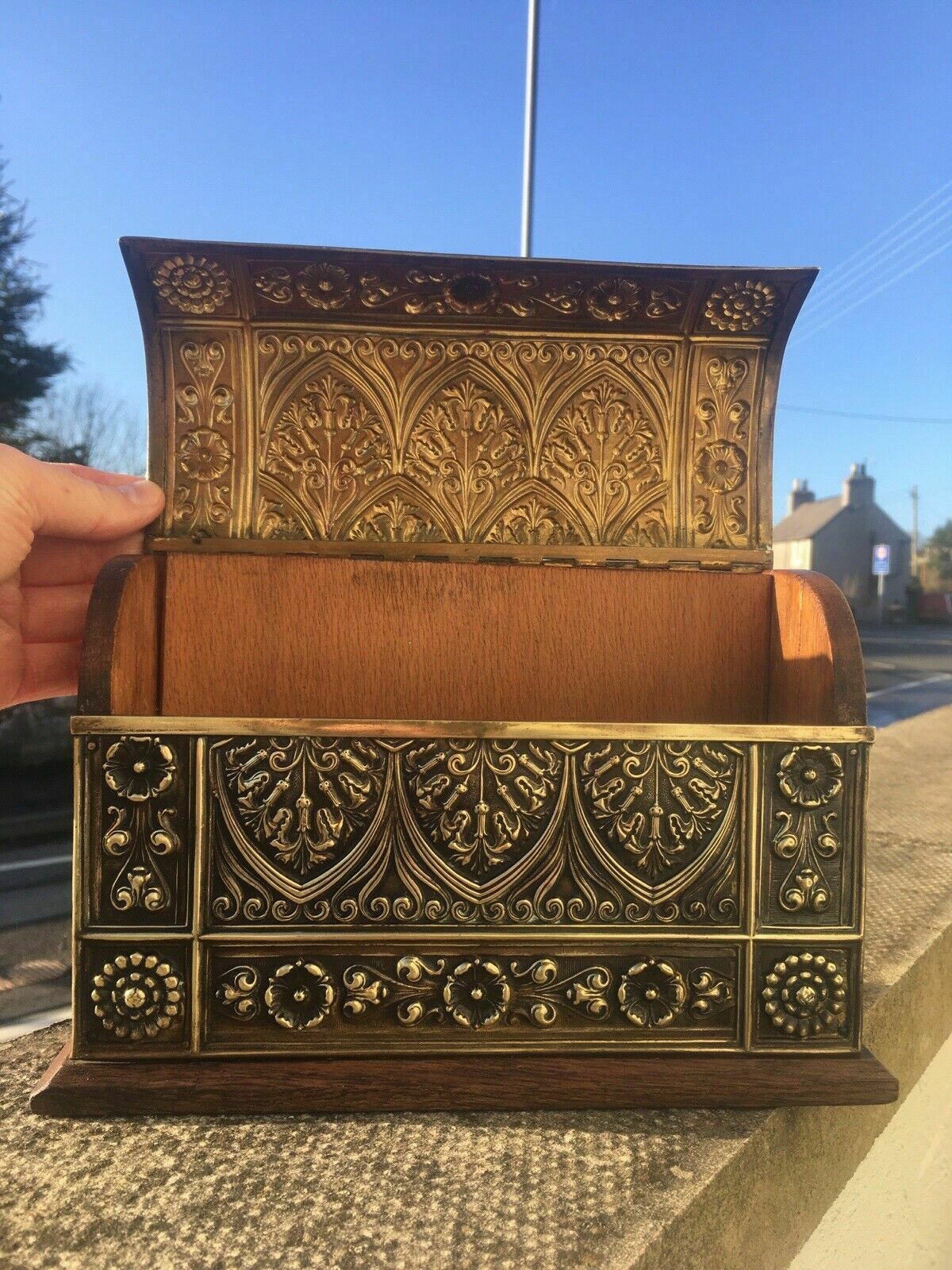 Exceptional Ornate Antique Oak Brass Dome Chest Desk Letter Rack Stationary Box photo for sale