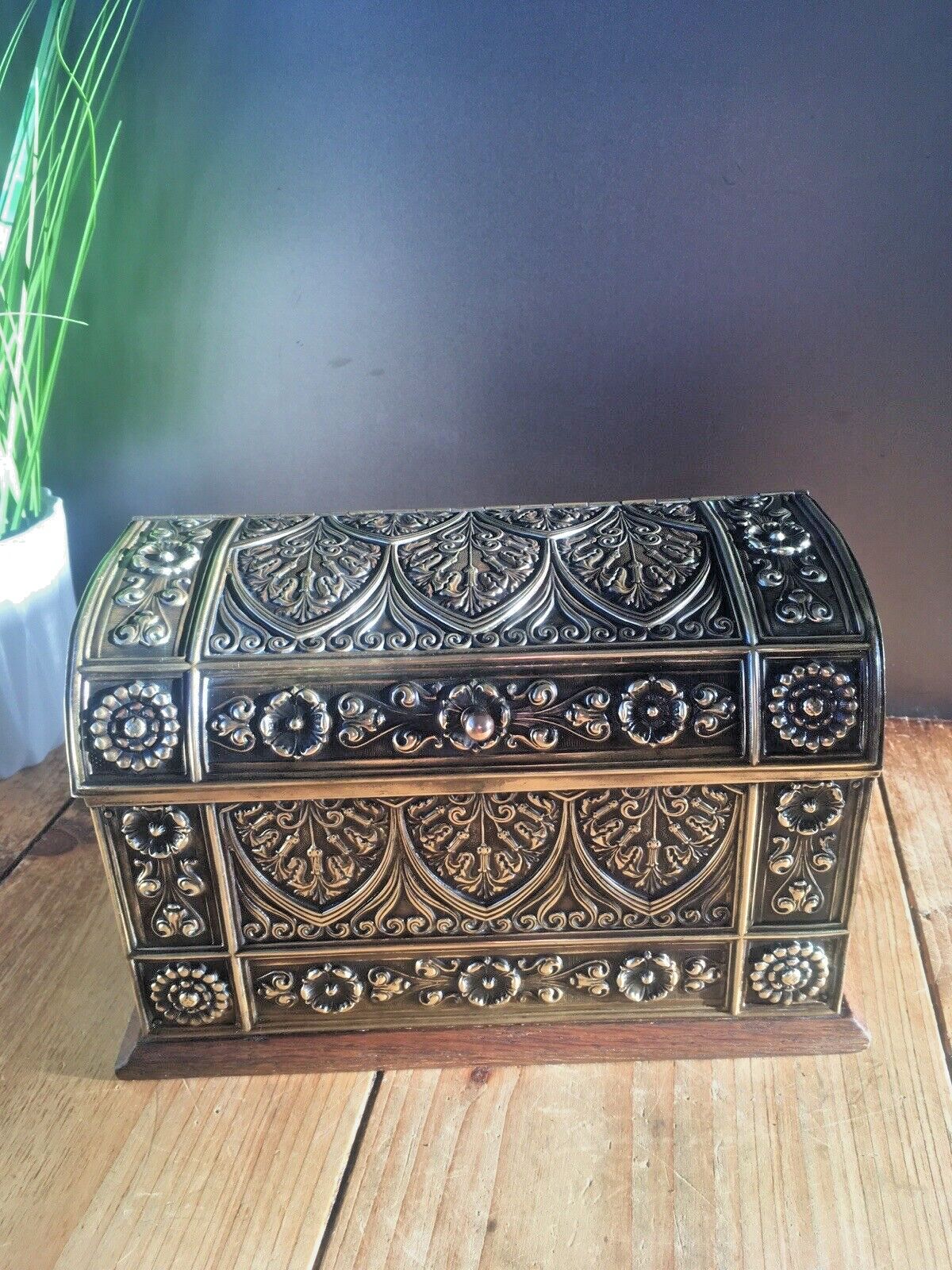 Exceptional Ornate Antique Oak Brass Dome Chest Desk Letter Rack Stationary Box photo 220.0
