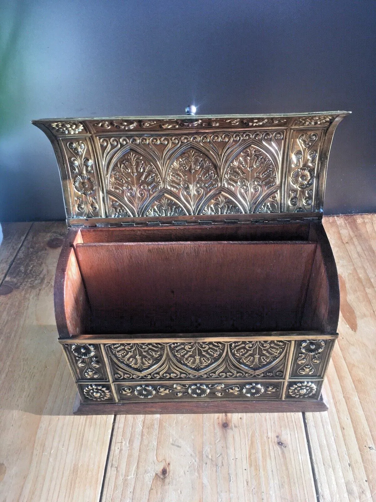 Exceptional Ornate Antique Oak Brass Dome Chest Desk Letter Rack Stationary Box photo vintage