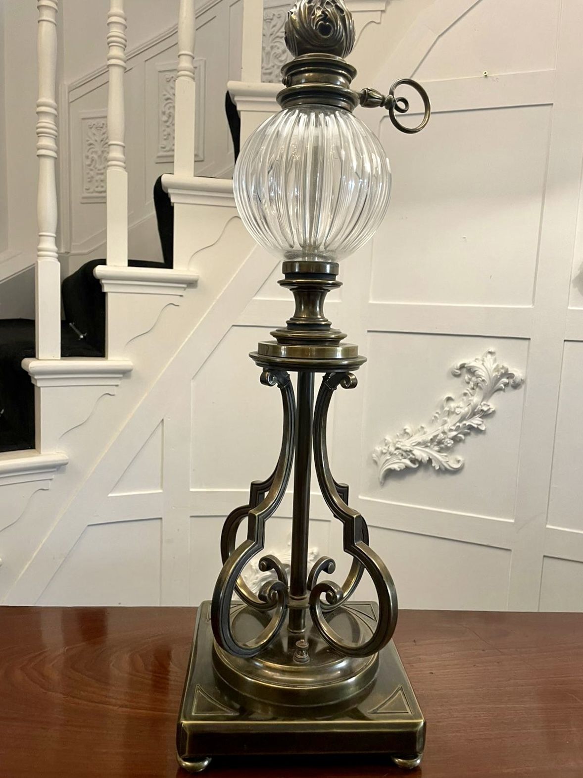 photo furniture Unusual Tall Pair Of Quality Brass And Glass Lamps