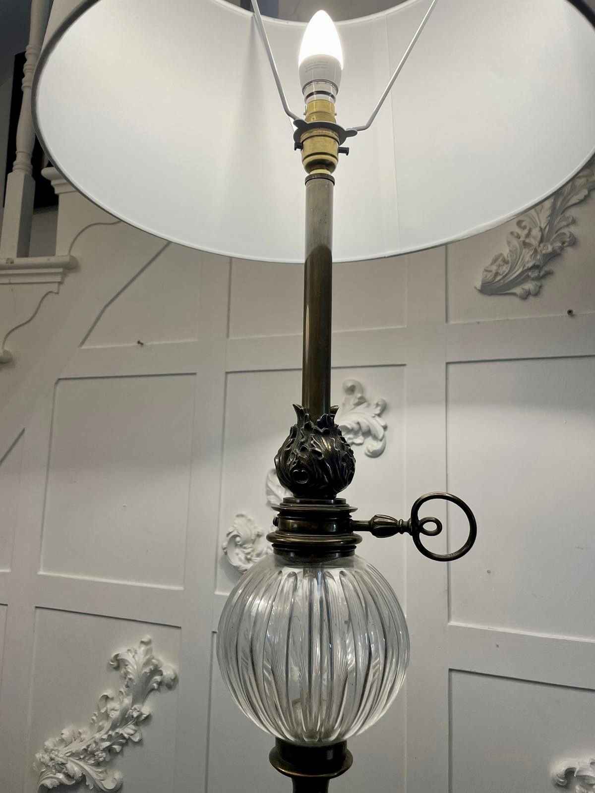 photo for sale Unusual Tall Pair Of Quality Brass And Glass Lamps