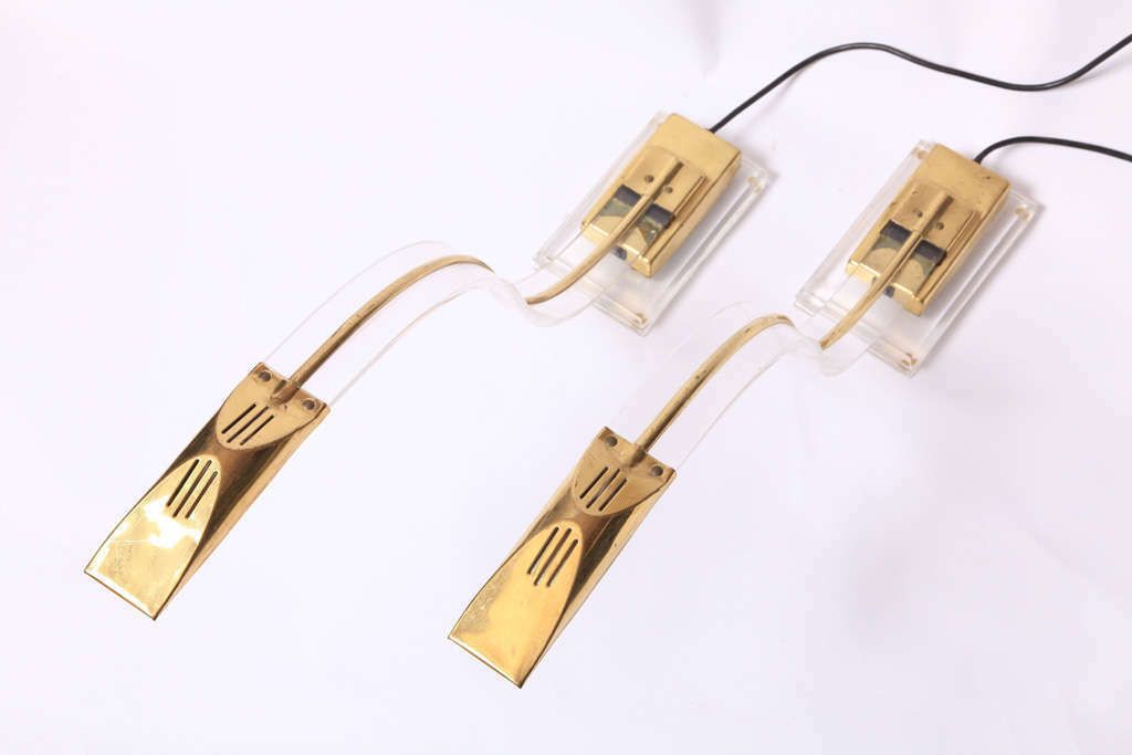 Set Of Two 1970s Italian Modern Brass, Lucite Desk Lamps