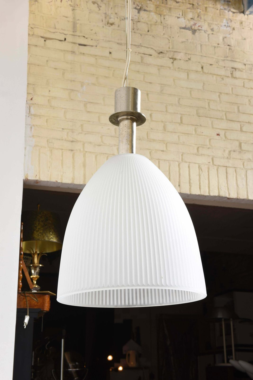 Set Mid Century Modern Italian Glass Of Holophane Industrial Pendants, 1960s photo furniture