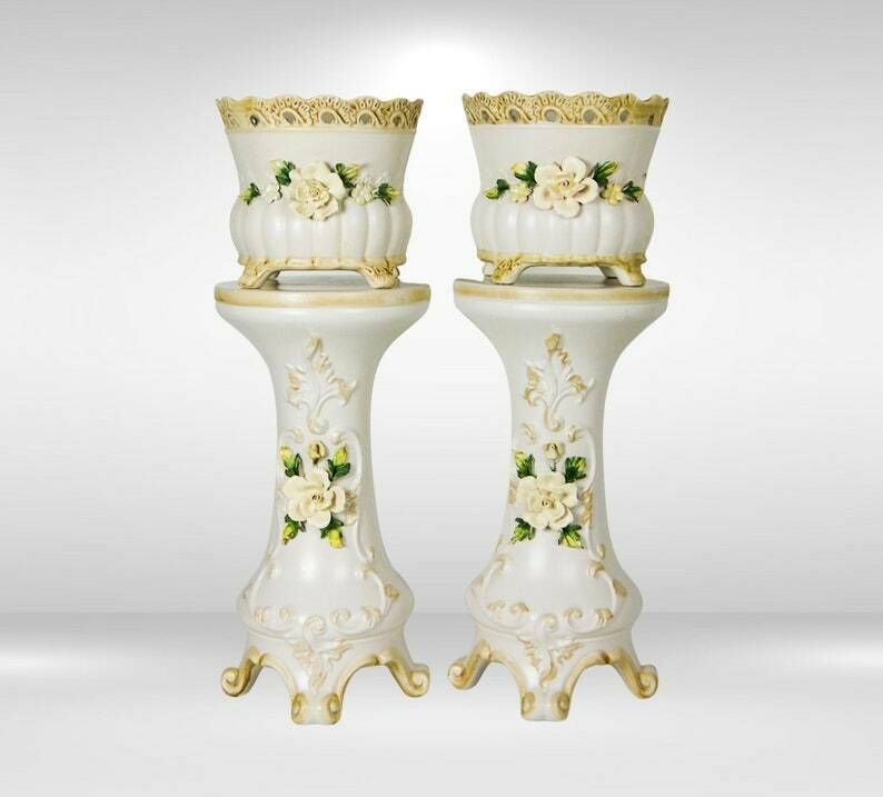 1950s Capodimonte Italy Pair Of Jardinières On Pedestal Stands With Appliqué Flowers