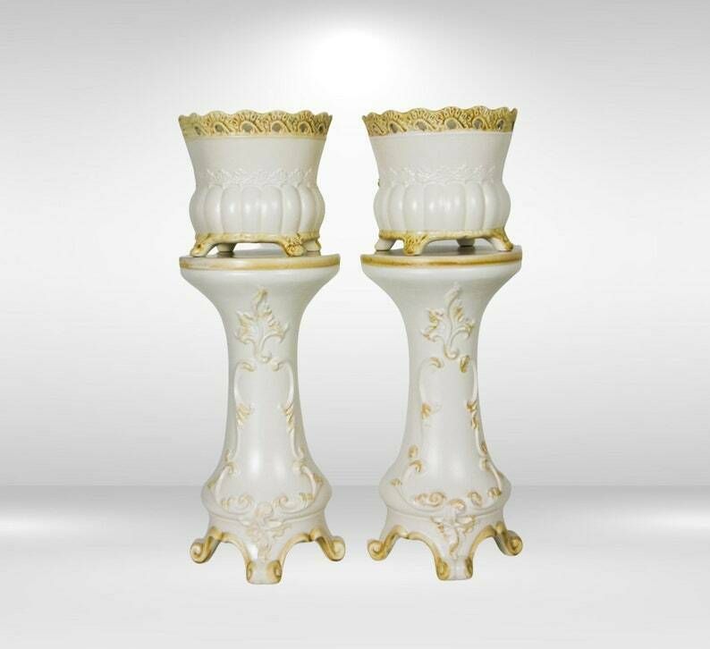 1950s Capodimonte Italy Pair Of Jardinières On Pedestal Stands With Appliqué Flowers photo furniture