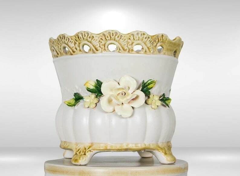 1950s Capodimonte Italy Pair Of Jardinières On Pedestal Stands With Appliqué Flowers photo Home Decor