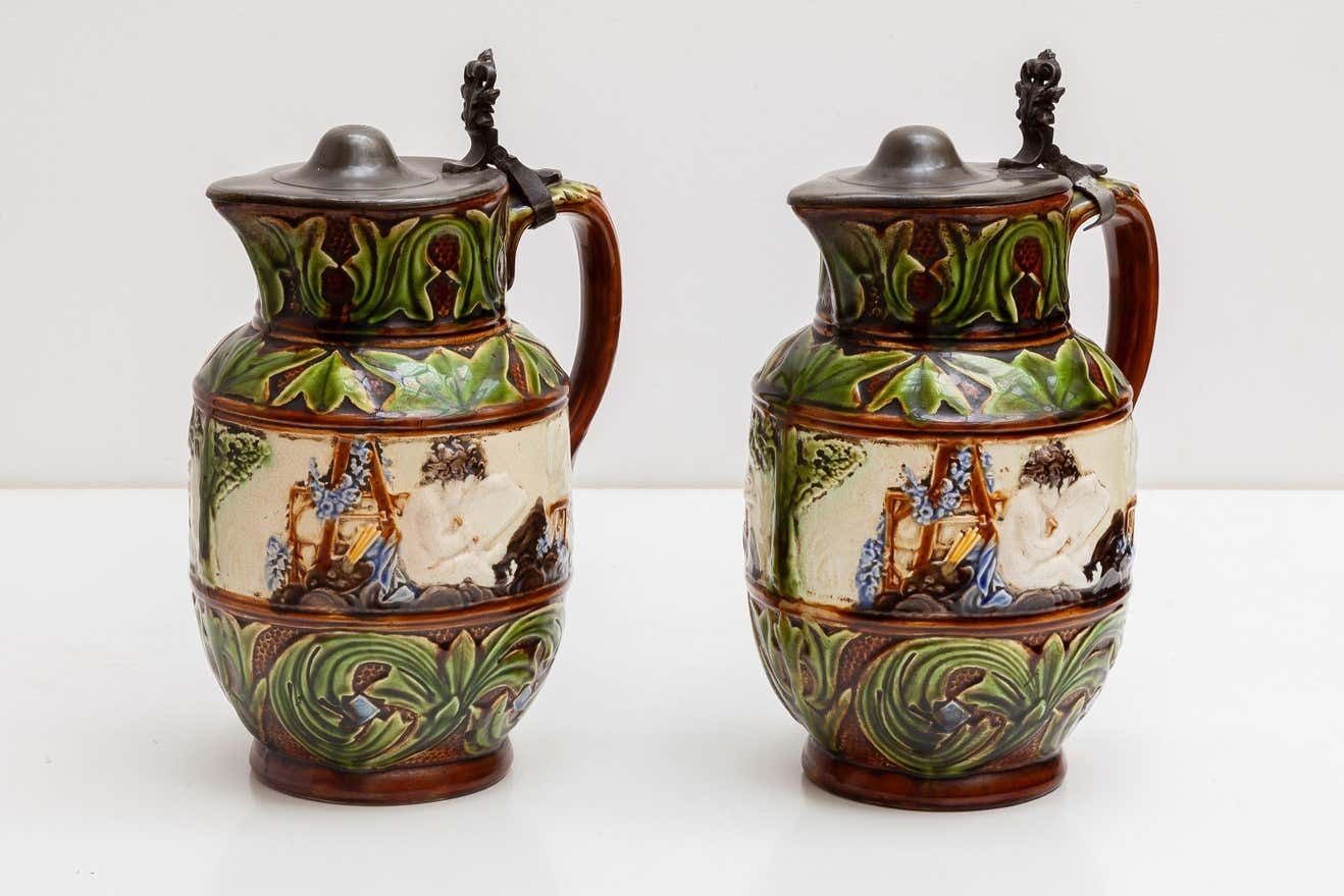 Set Of Two Majolica Jugs, Nimy Faiences Imperiale Belgium photo furniture