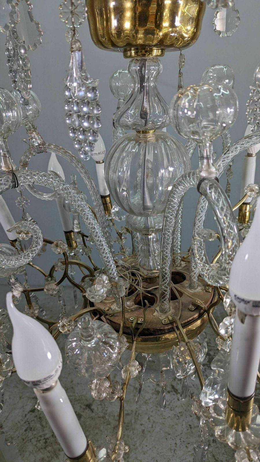 photo for sale Bronze Chandelier And Glass Pendants Circa 1960