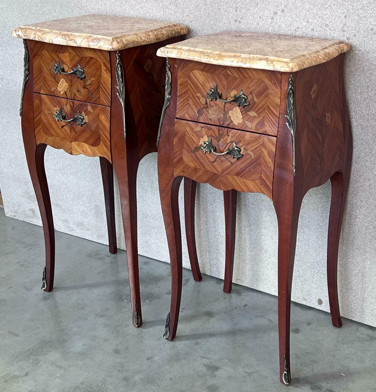 Antique Louis XV French Marquetry Marble Top Nightstands Set Of 2 photo for sale