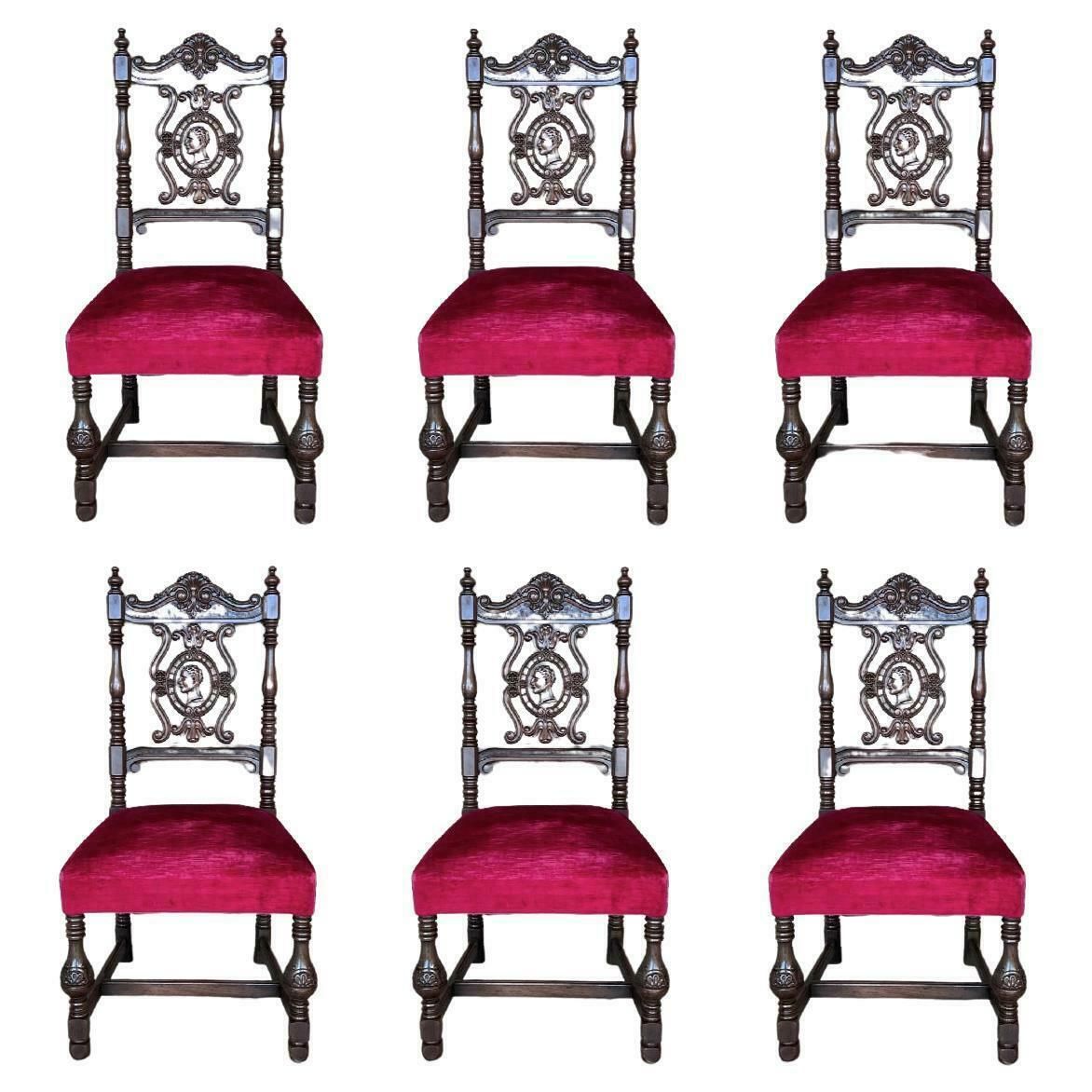 19th Century Set Of Six French Carved Walnut Turned Wood Chairs With Velvet Seat