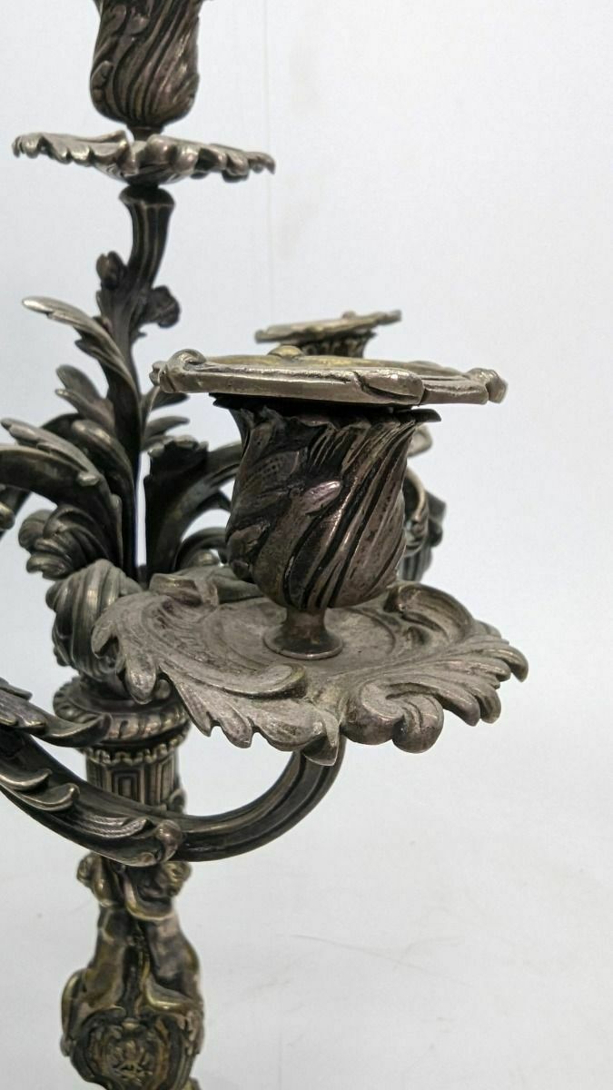 Pair Of Silvered Bronze Candlesticks With 19th Century Cherubs photo vinterior