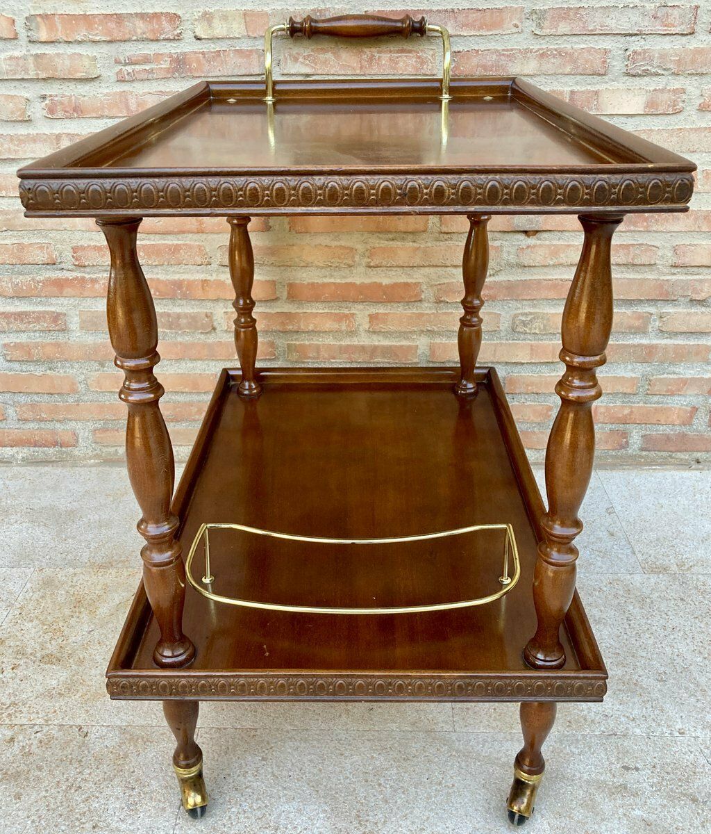1718.0 Mid Century French Mahogany And Brass Serving Bar Cart 1960s photo
