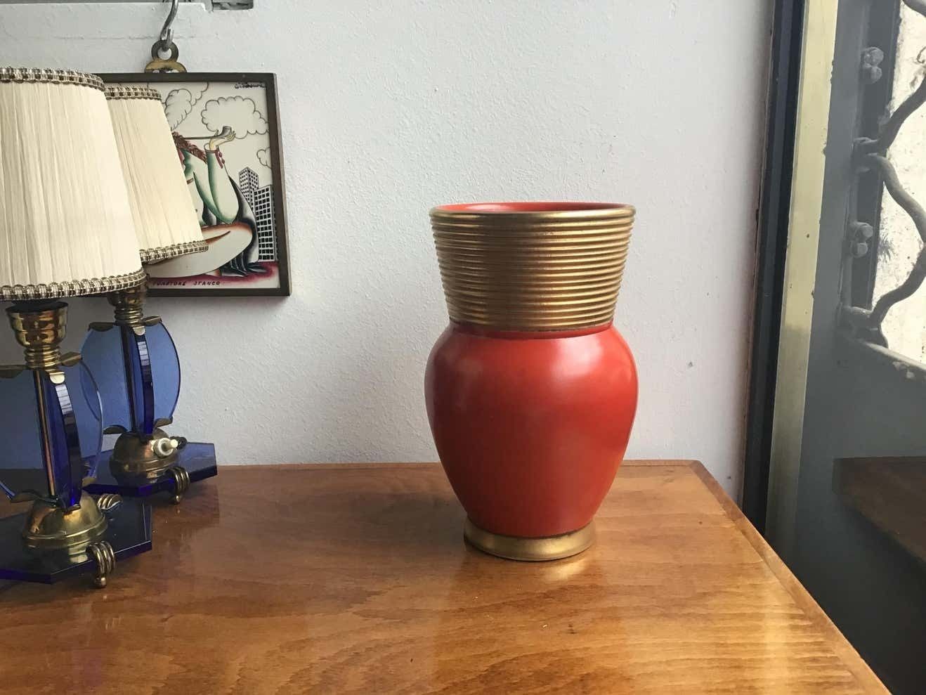 Gio Ponti Richard Ginori Vase Ceramic Gold Red, 1940, Italy photo for sale