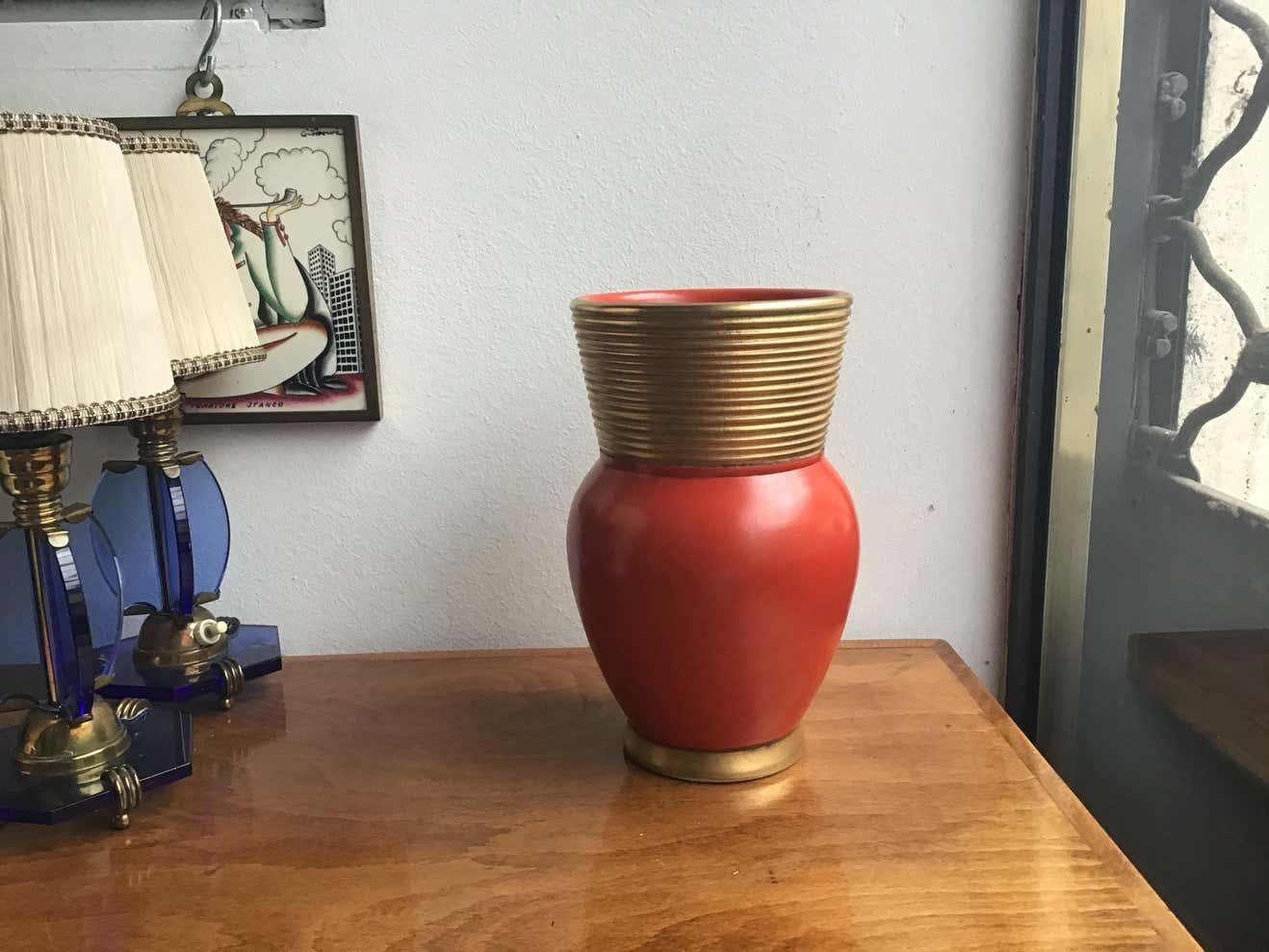 Gio Ponti Richard Ginori Vase Ceramic Gold Red, 1940, Italy photo vinterior