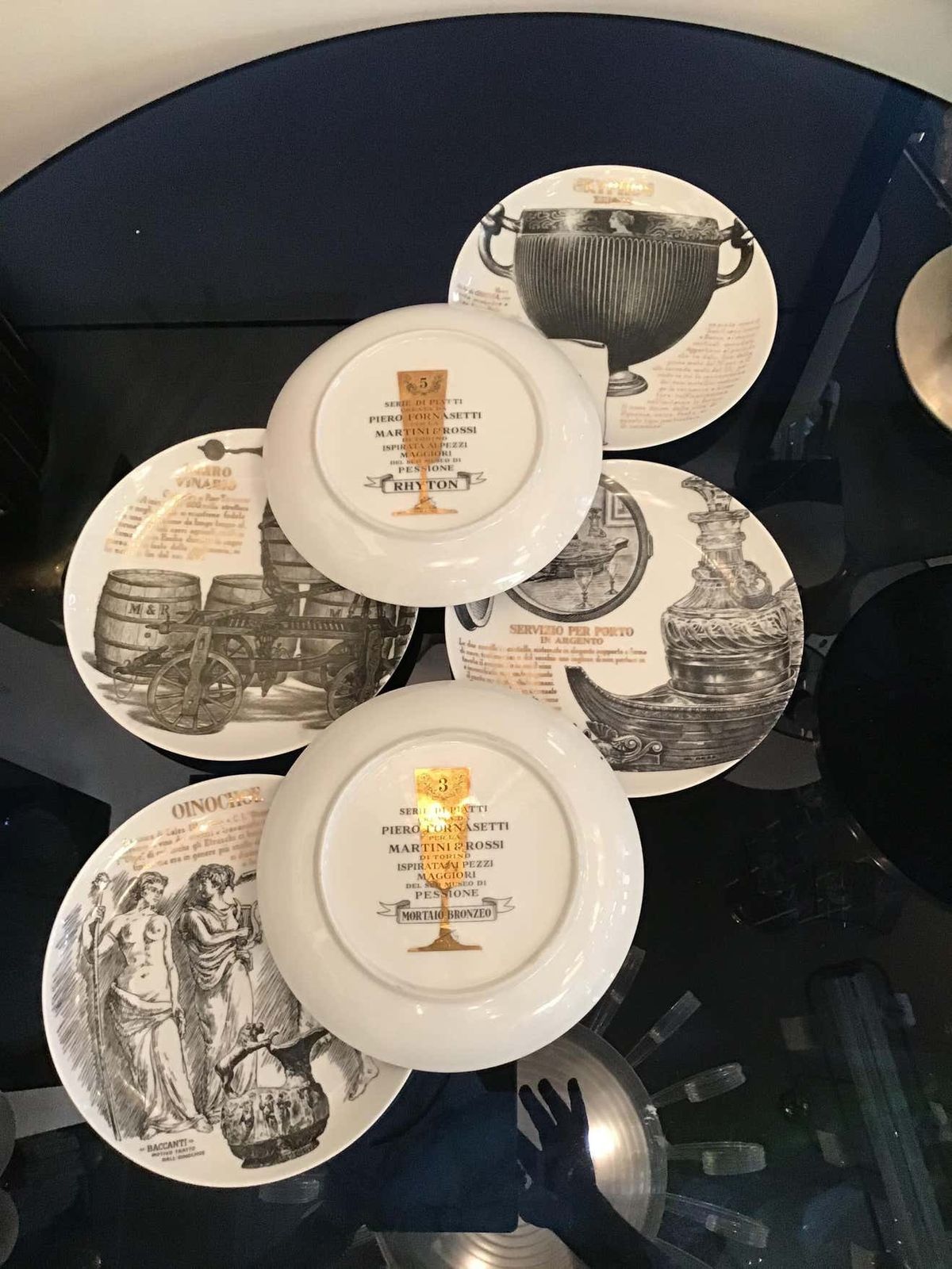 Fornasetti Set Of 6 Plates For Martini And Rossi Porcelain, 1970, Italy photo vintage