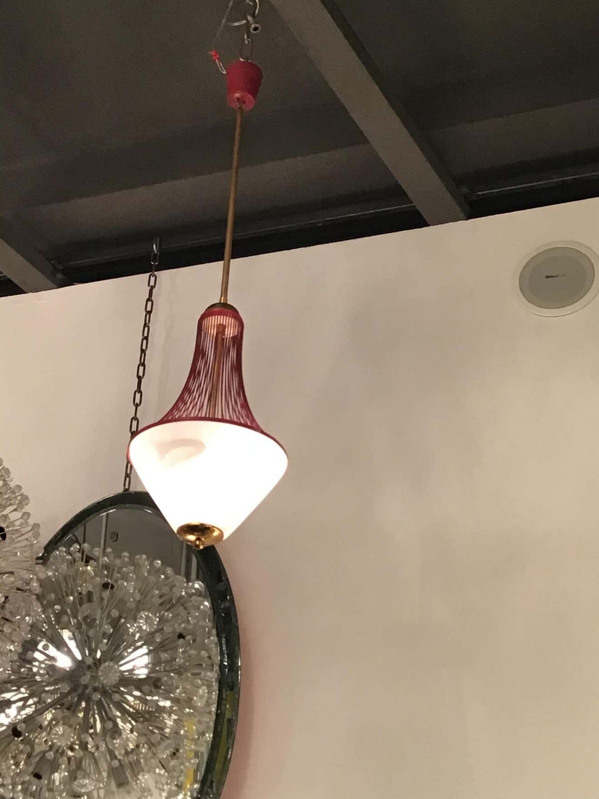 Stilnovo Chandelier Brass Opaline Glass Metal 1950 Italy photo vintage