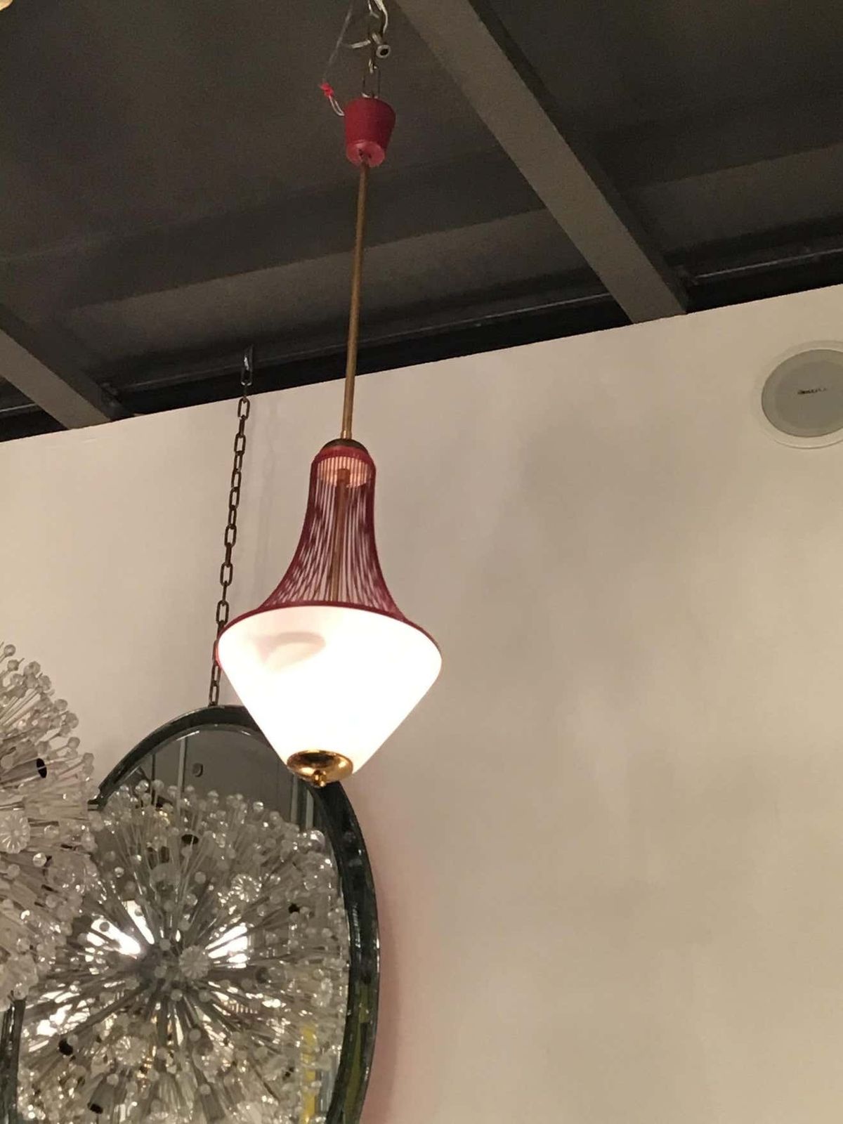 photo for sale Stilnovo Chandelier Brass Opaline Glass Metal 1950 Italy