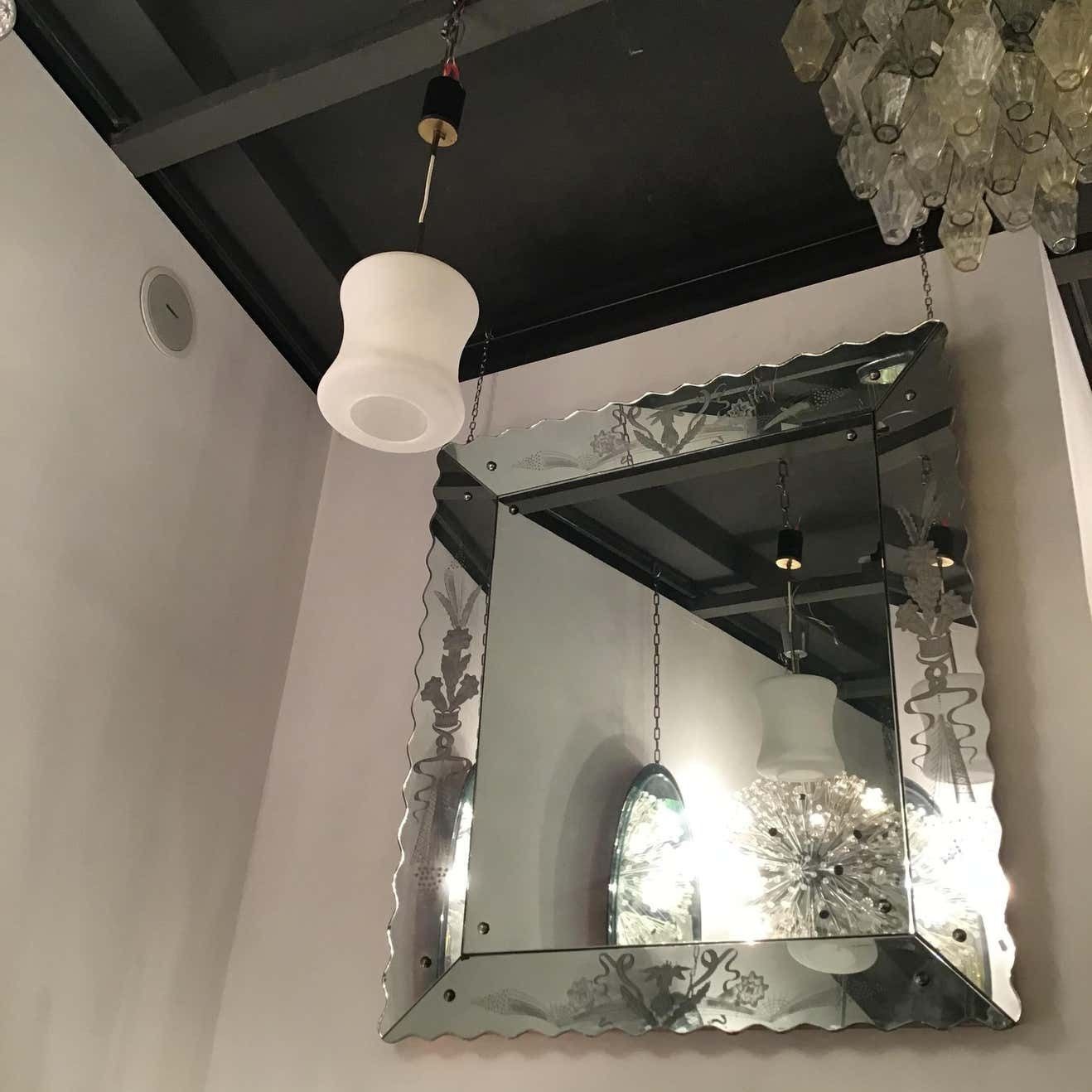 Stilnovo Chandelier Opaline Glass Brass 1950 Italy photo for sale