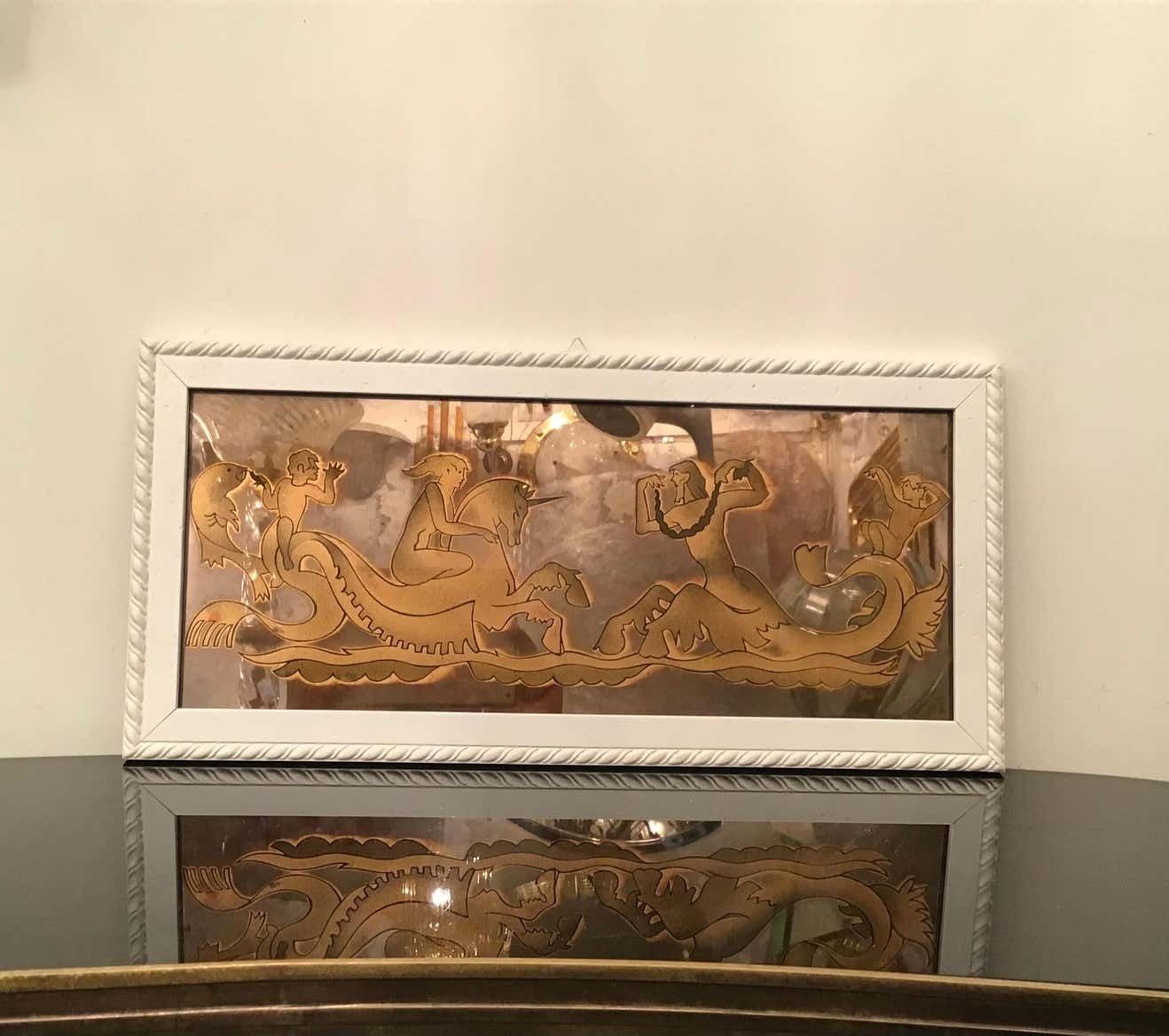 Luigi Brusotti “ Love On The High Seas” And Decorated Glass Wood 1940 Italy photo for sale