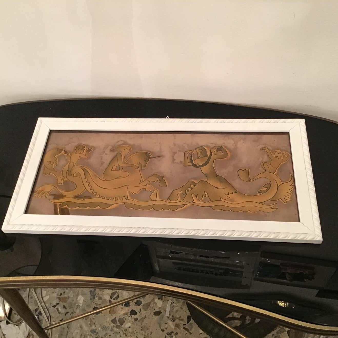 photo for sale Luigi Brusotti “ Love On The High Seas” And Decorated Glass Wood 1940 Italy