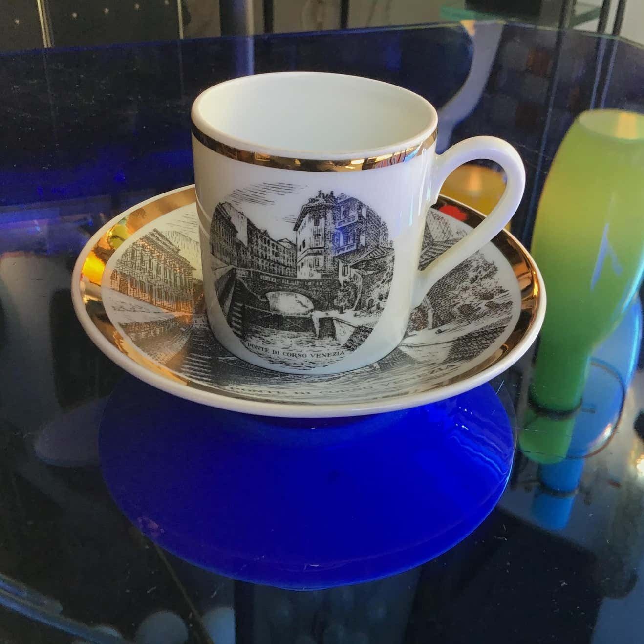 Fornasetti Porcelain Cup Of Coffee Gold “Ponte Corso Venezia”, 1950 photo for sale