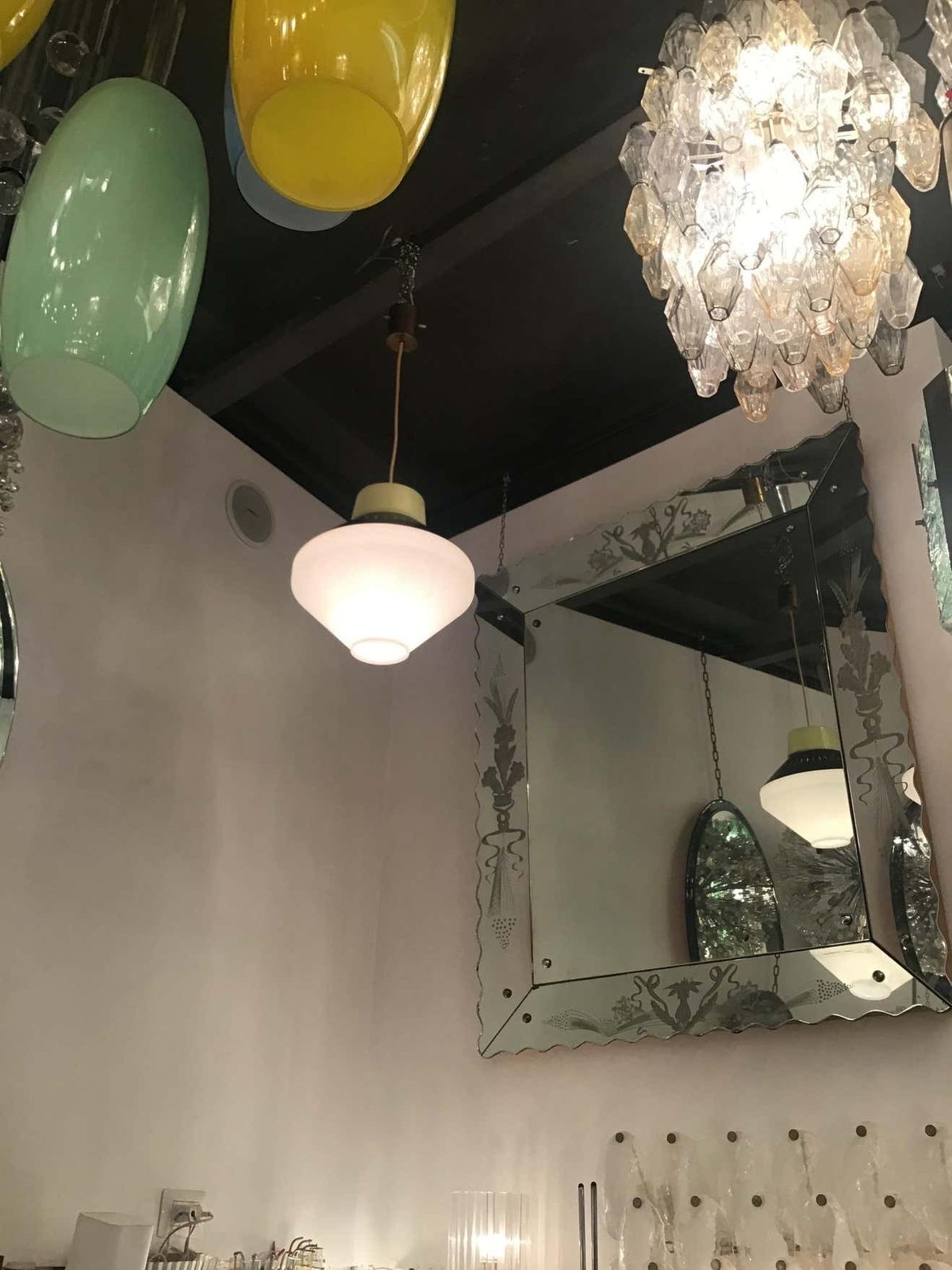 Stilnovo Chandelier Opaline Glass Brass Metal 1955 Italy photo vintage