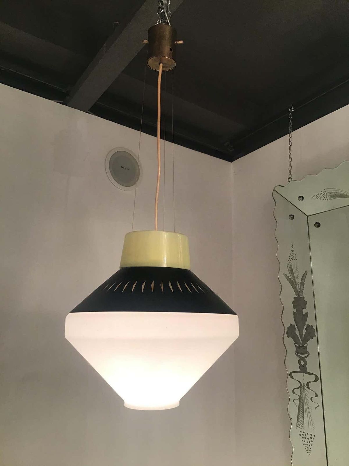 photo furniture Stilnovo Chandelier Opaline Glass Brass Metal 1955 Italy