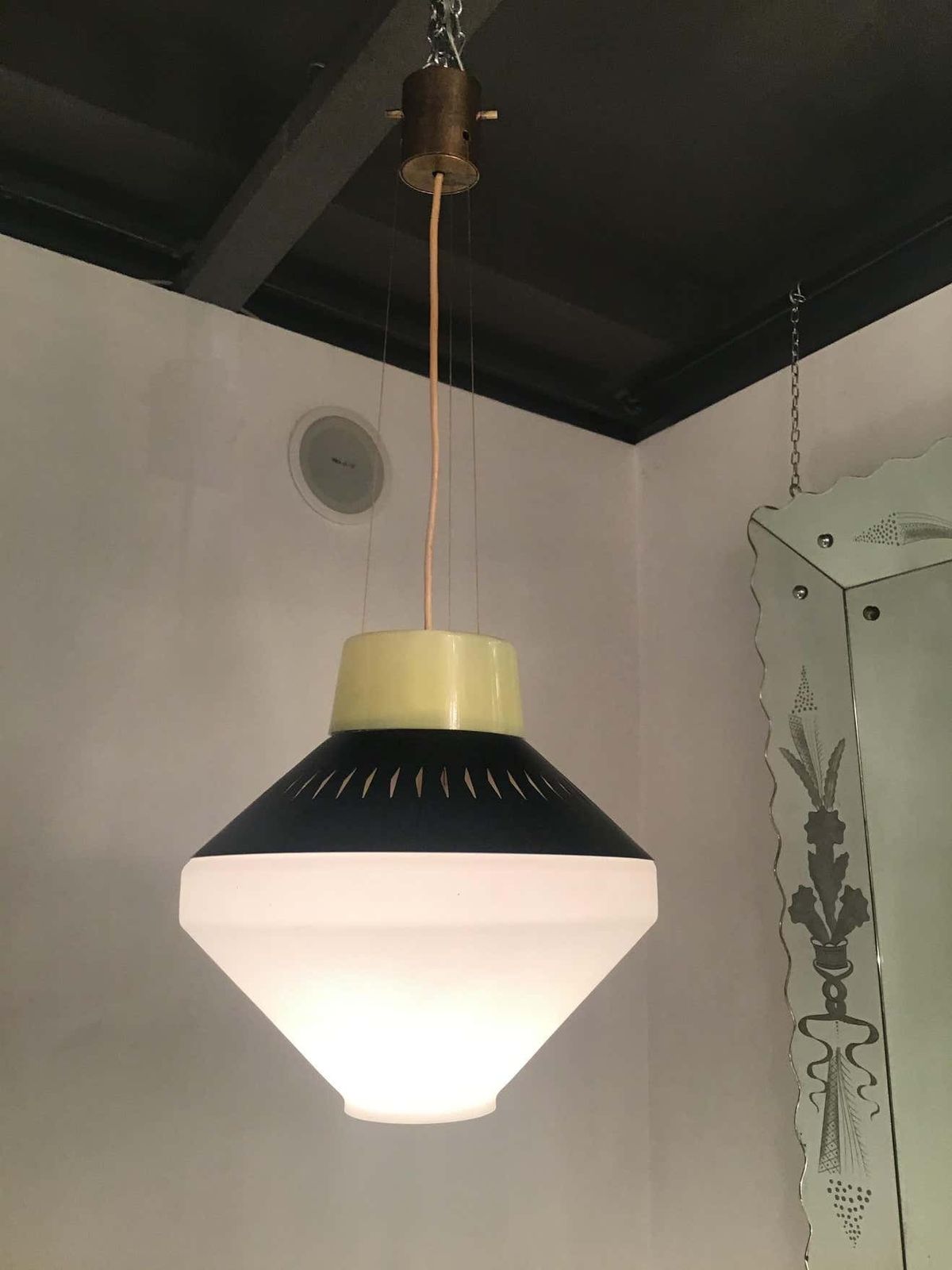 photo for sale Stilnovo Chandelier Opaline Glass Brass Metal 1955 Italy