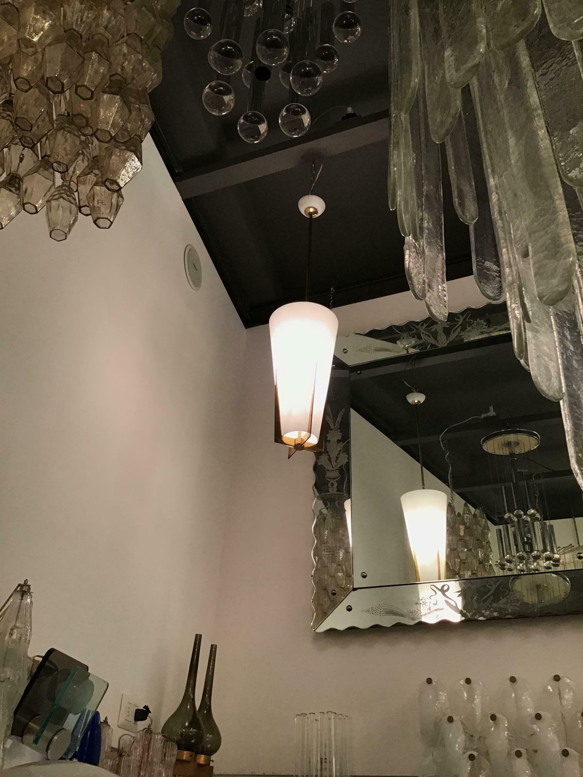 Stilnovo Chandelier Brass Opaline Glass, 1950, Italy photo furniture