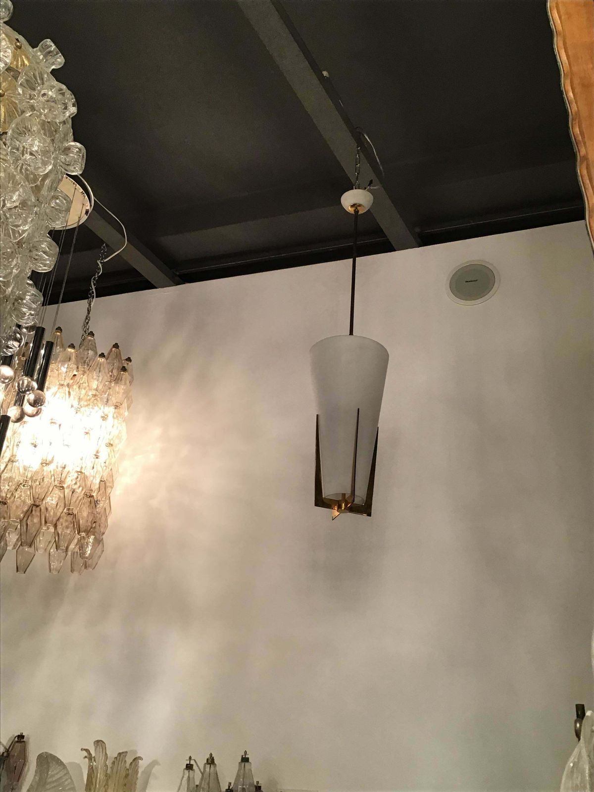 Stilnovo Chandelier Brass Opaline Glass, 1950, Italy photo vinterior
