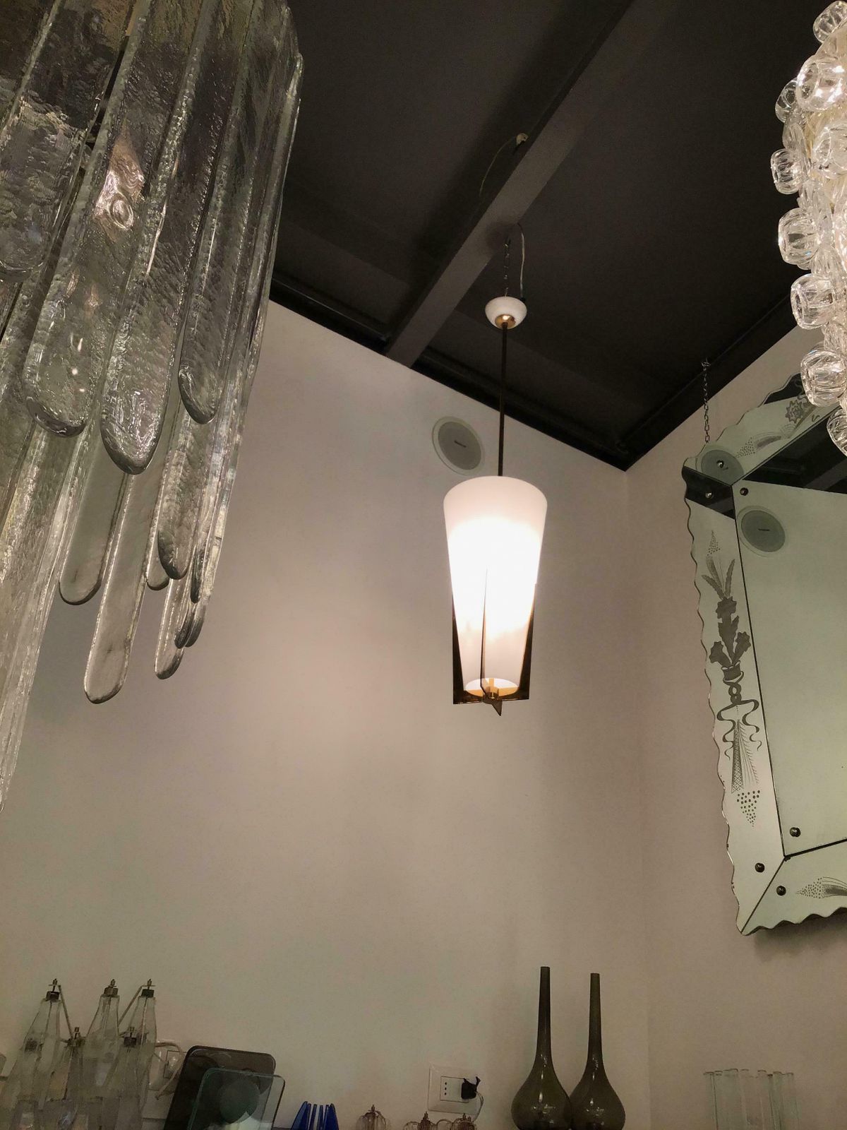 4347.0 Stilnovo Chandelier Brass Opaline Glass, 1950, Italy photo