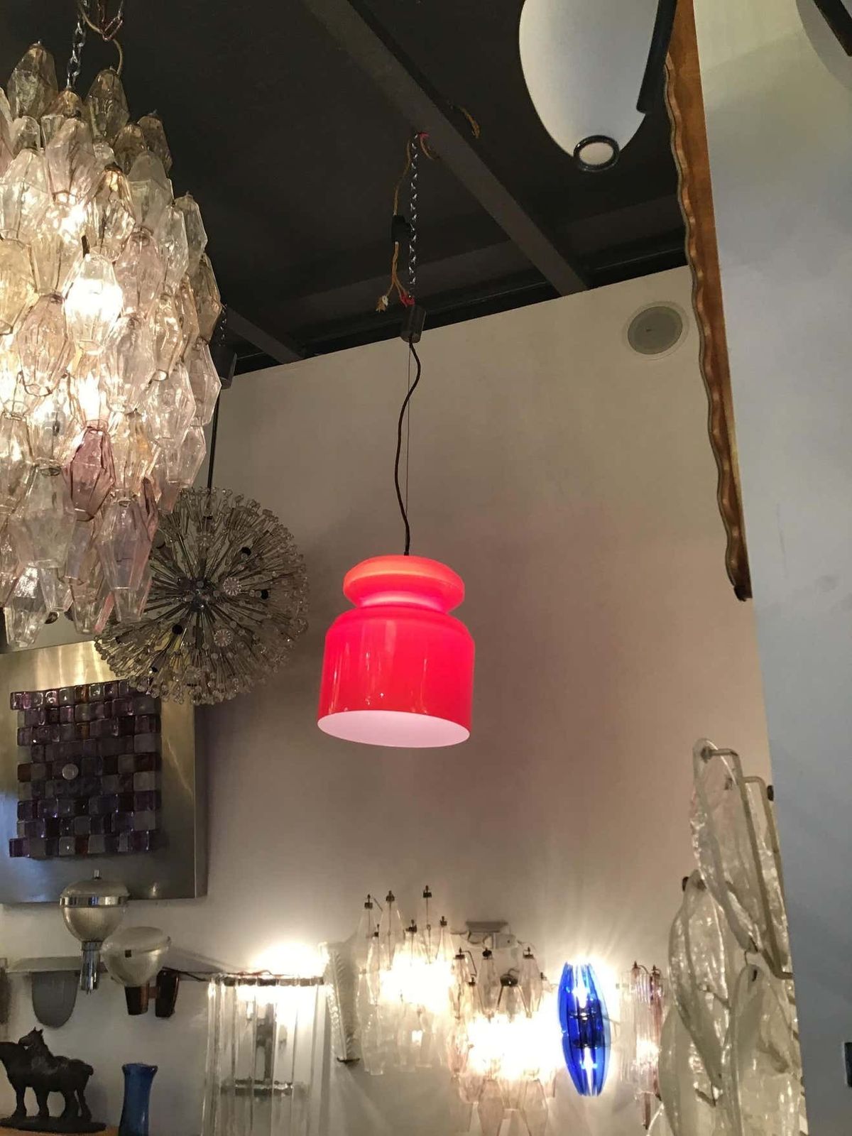 Stilnovo Chandelier Red Opaline Glass Metal Crome, 1965, Italy photo Lighting