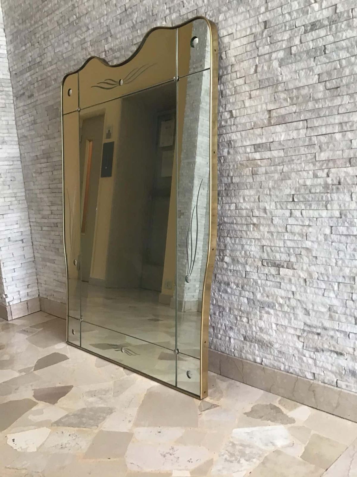 Cristal Art Mirror Brass Wood Glass 1950 Italy photo 4981.0