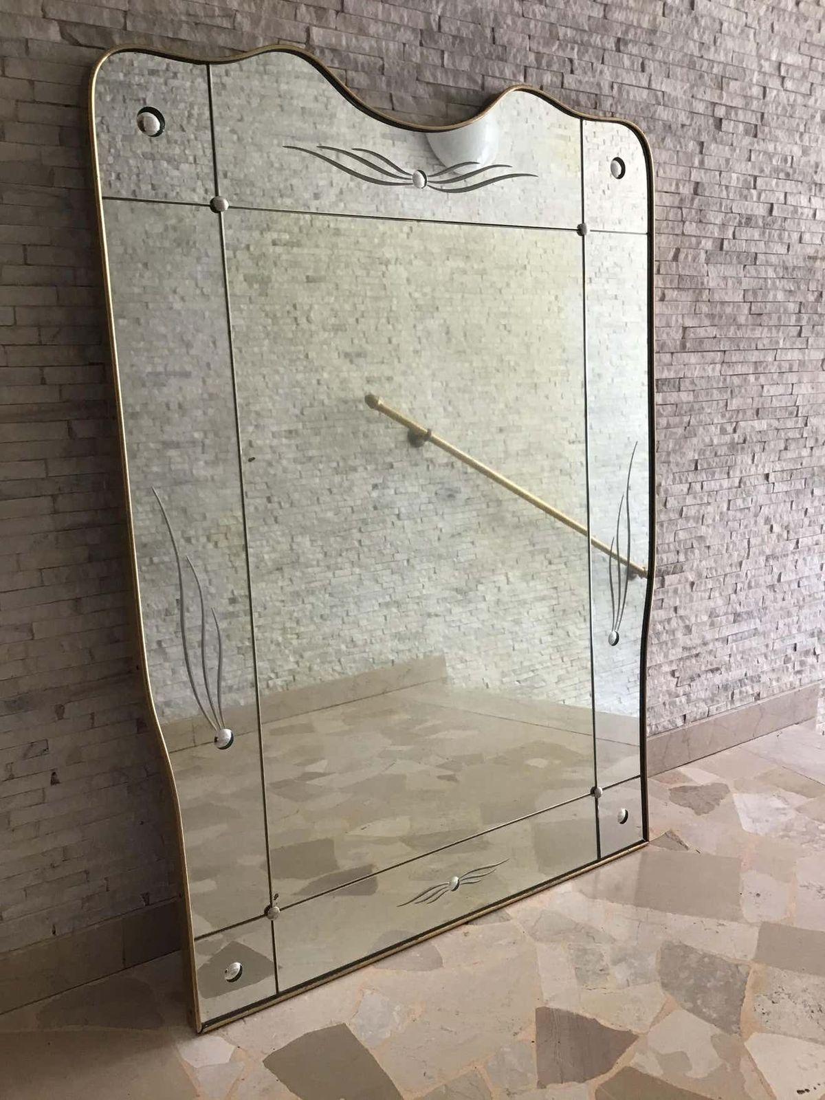 Cristal Art Mirror Brass Wood Glass 1950 Italy photo vinterior