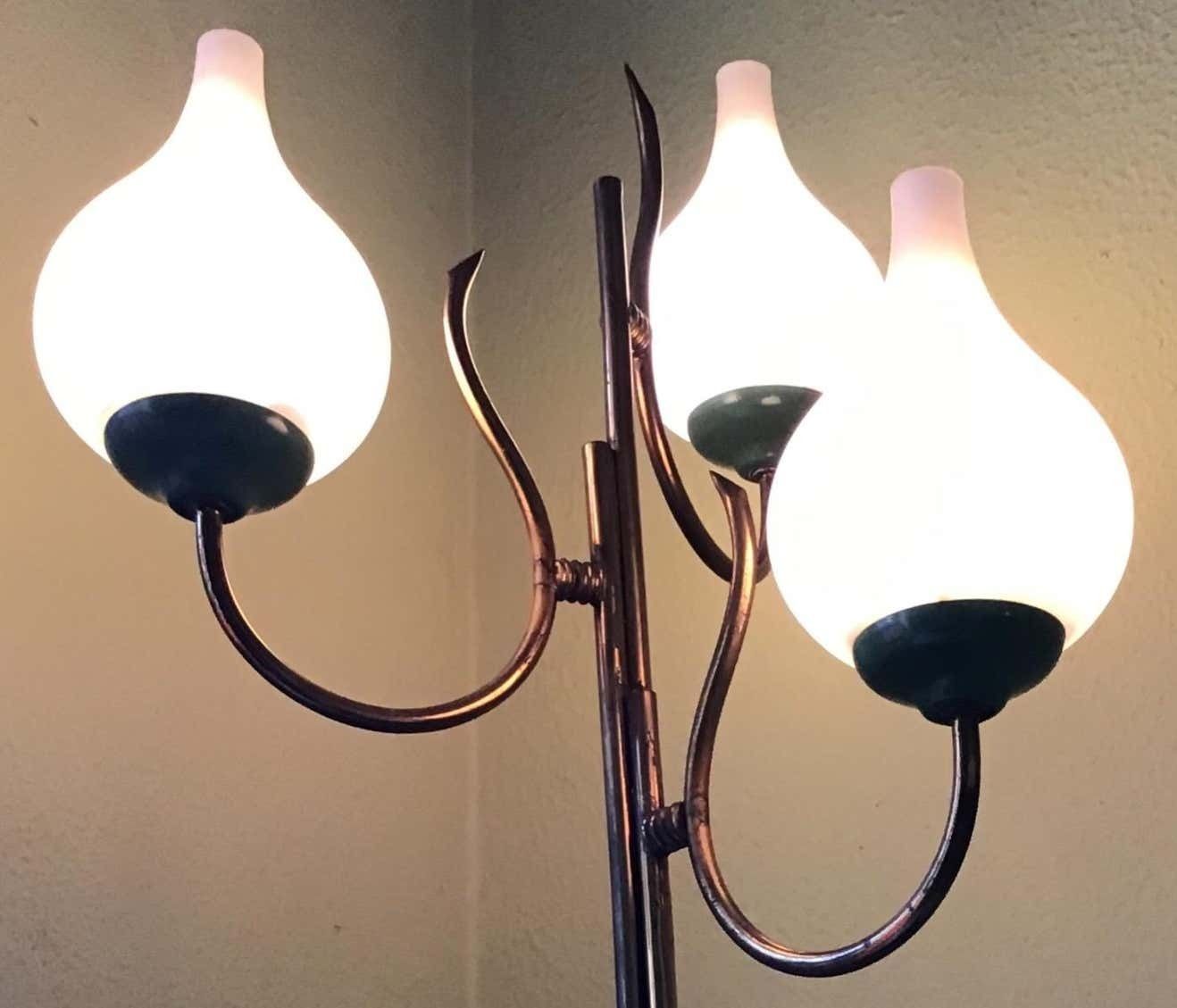 Stilnovo Floor Lamp Tree Light Brass Metal Opaline Glass 1950 Italy photo vinterior