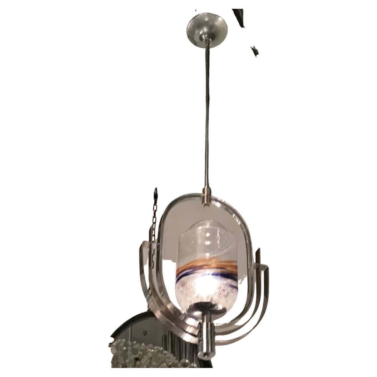 Vistosi Chandelier Murano Glass Metal Crome 1960 Italy