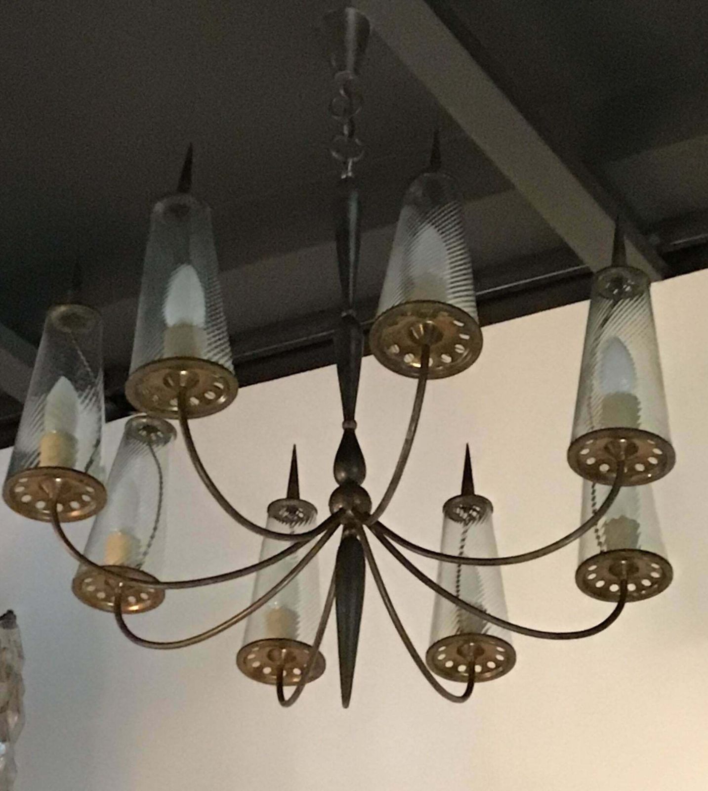 Couple Chandlers Brass Glass 8 Lights, Italy, Attributed To Stilnovo Circa 1948 photo Lighting