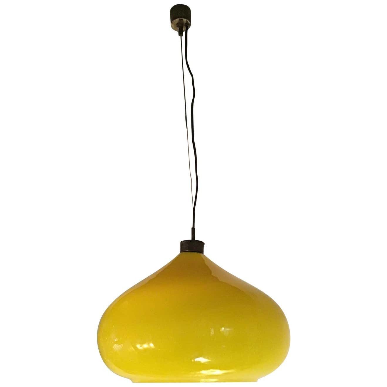 Vistosi Chandelier 1965 Brass Yellow Glass, Italy