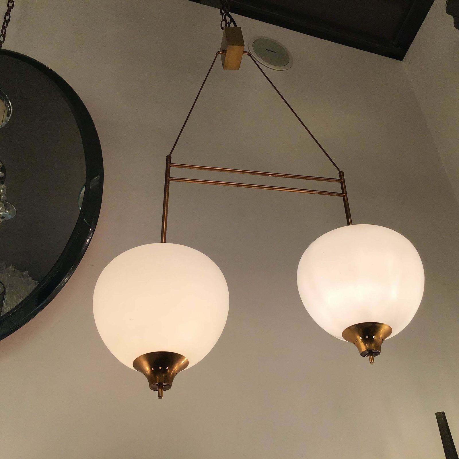 Stilnovo Chandelier Brass Opaline Glass 1950 Italy photo for sale