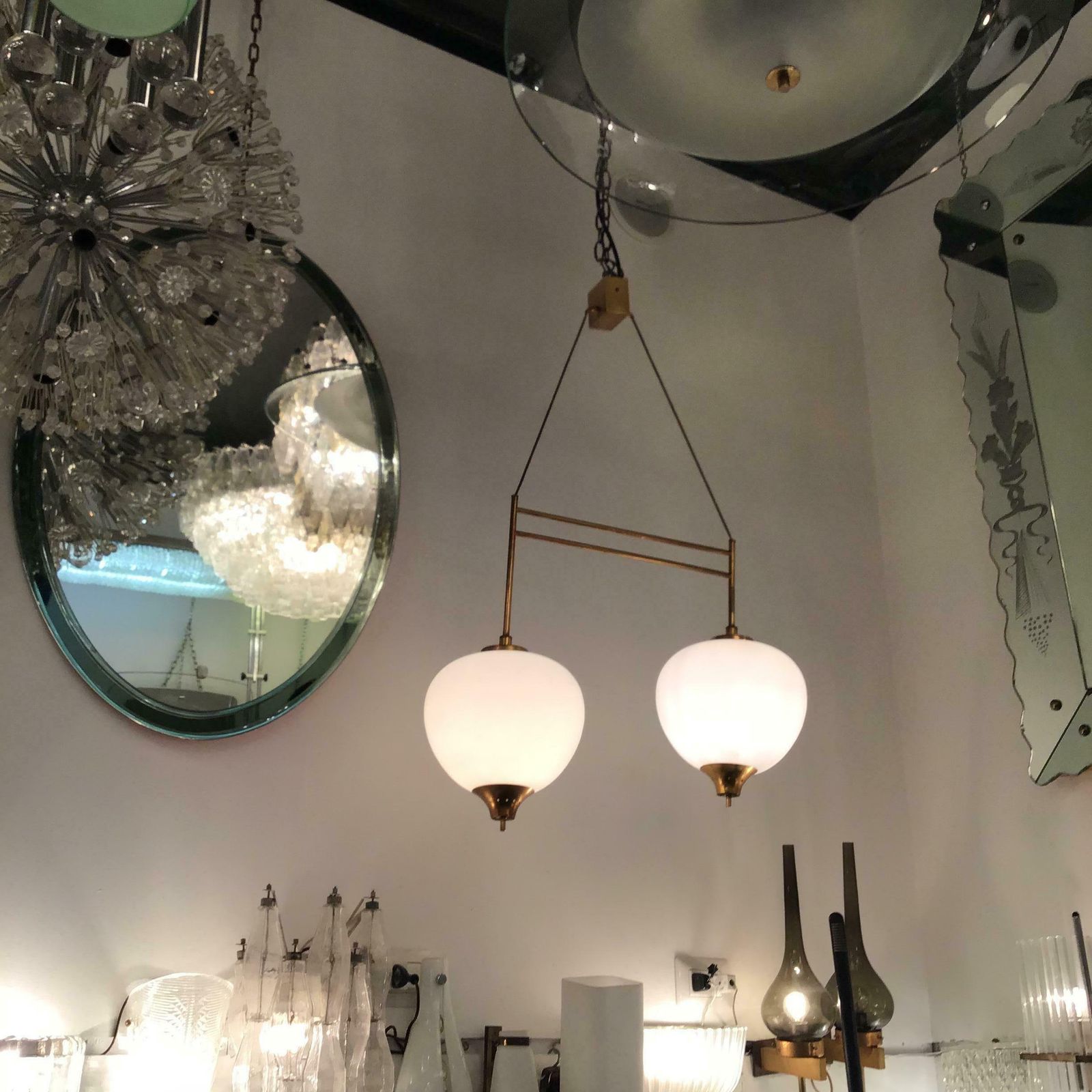 photo for sale Stilnovo Chandelier Brass Opaline Glass 1950 Italy