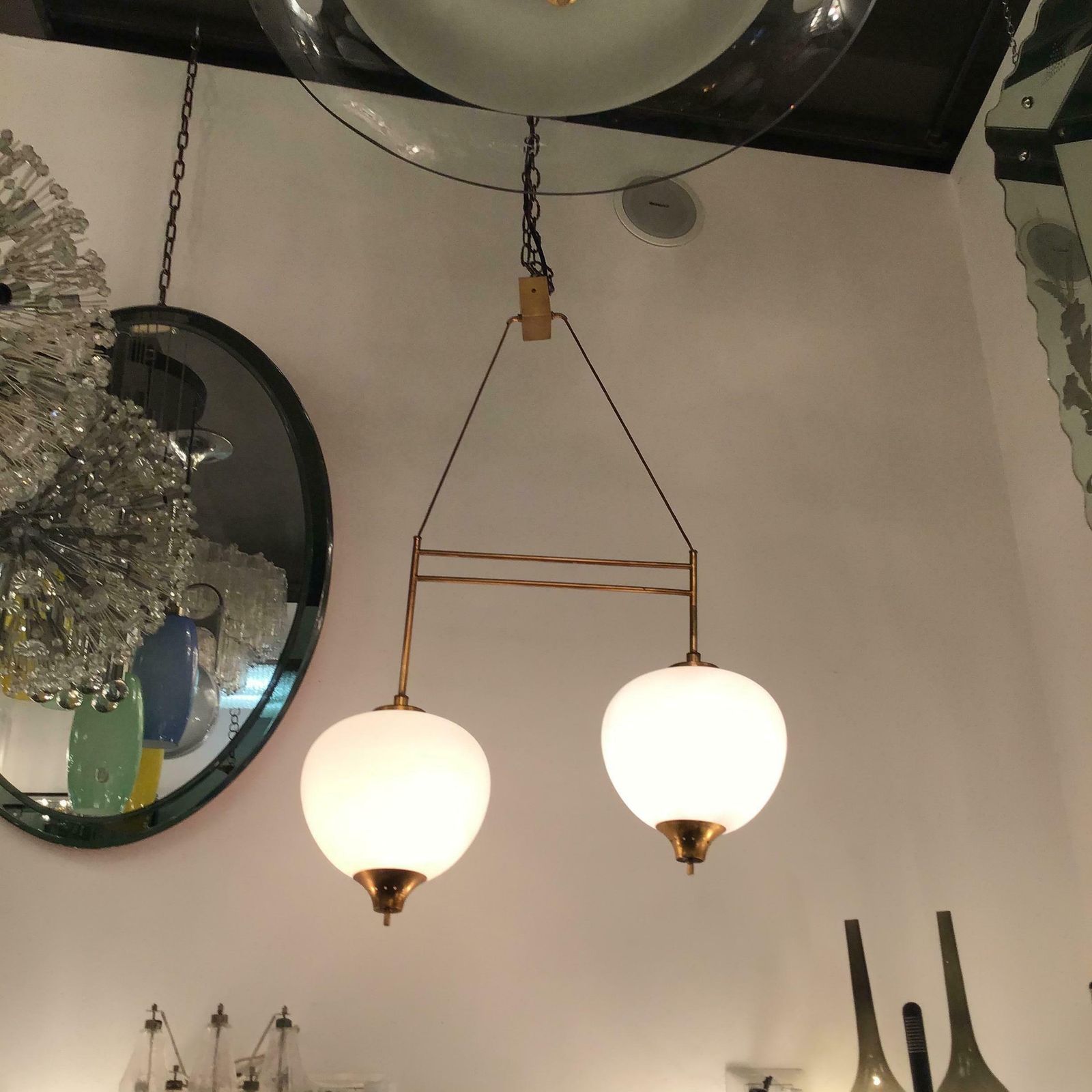 photo buy Stilnovo Chandelier Brass Opaline Glass 1950 Italy