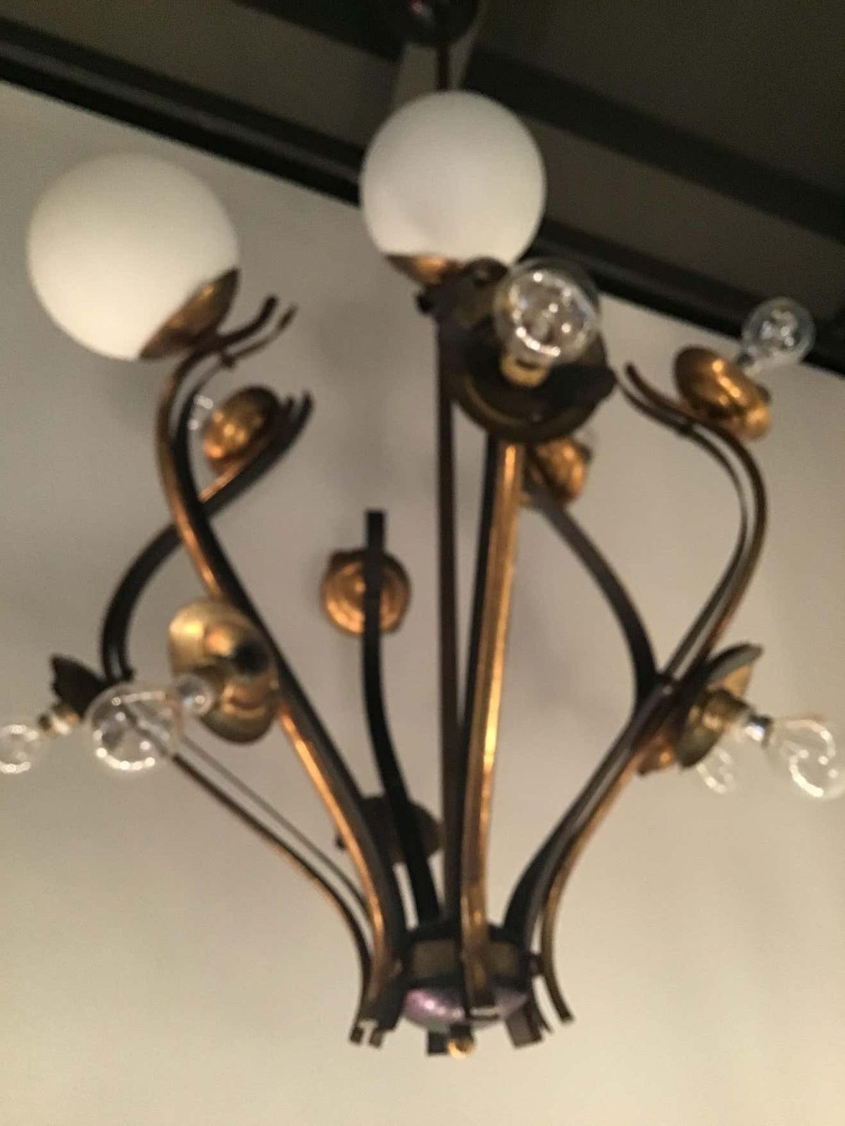 Chandelier 12 Lights Iron Brass Opalin Glass 1950, Attributed To Stilnovo C 1955 photo furniture